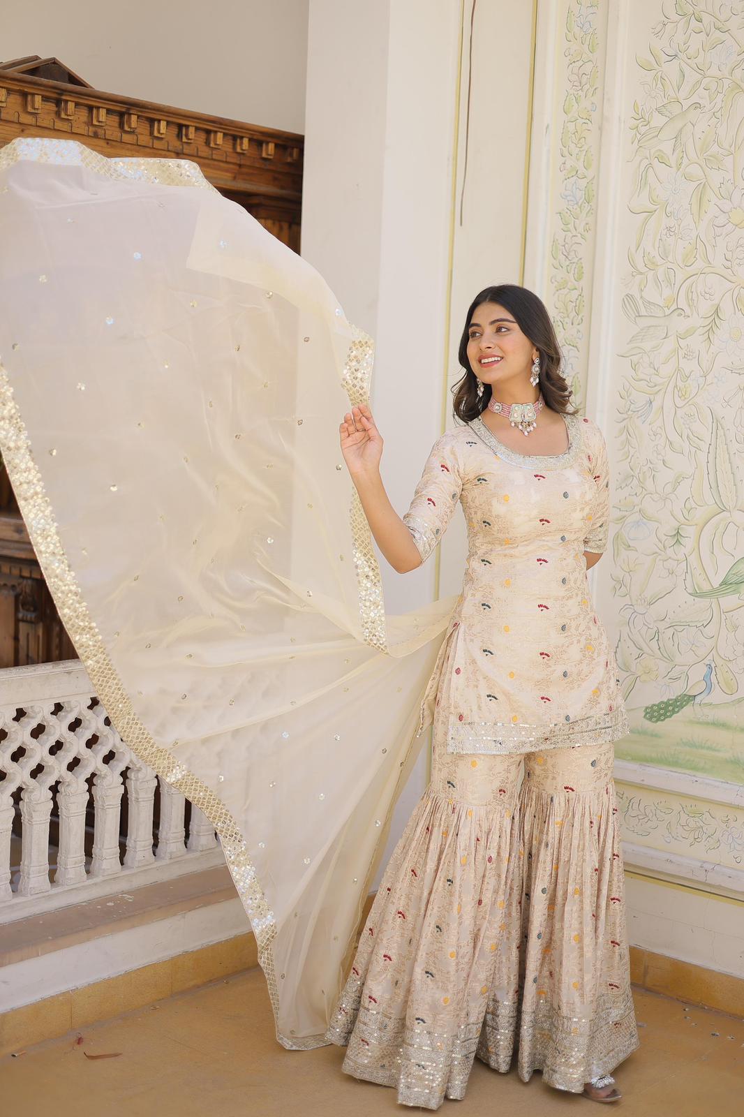 Viscose Jacquard Zari Embroidered Gharara Suit - Shopaholics Choice