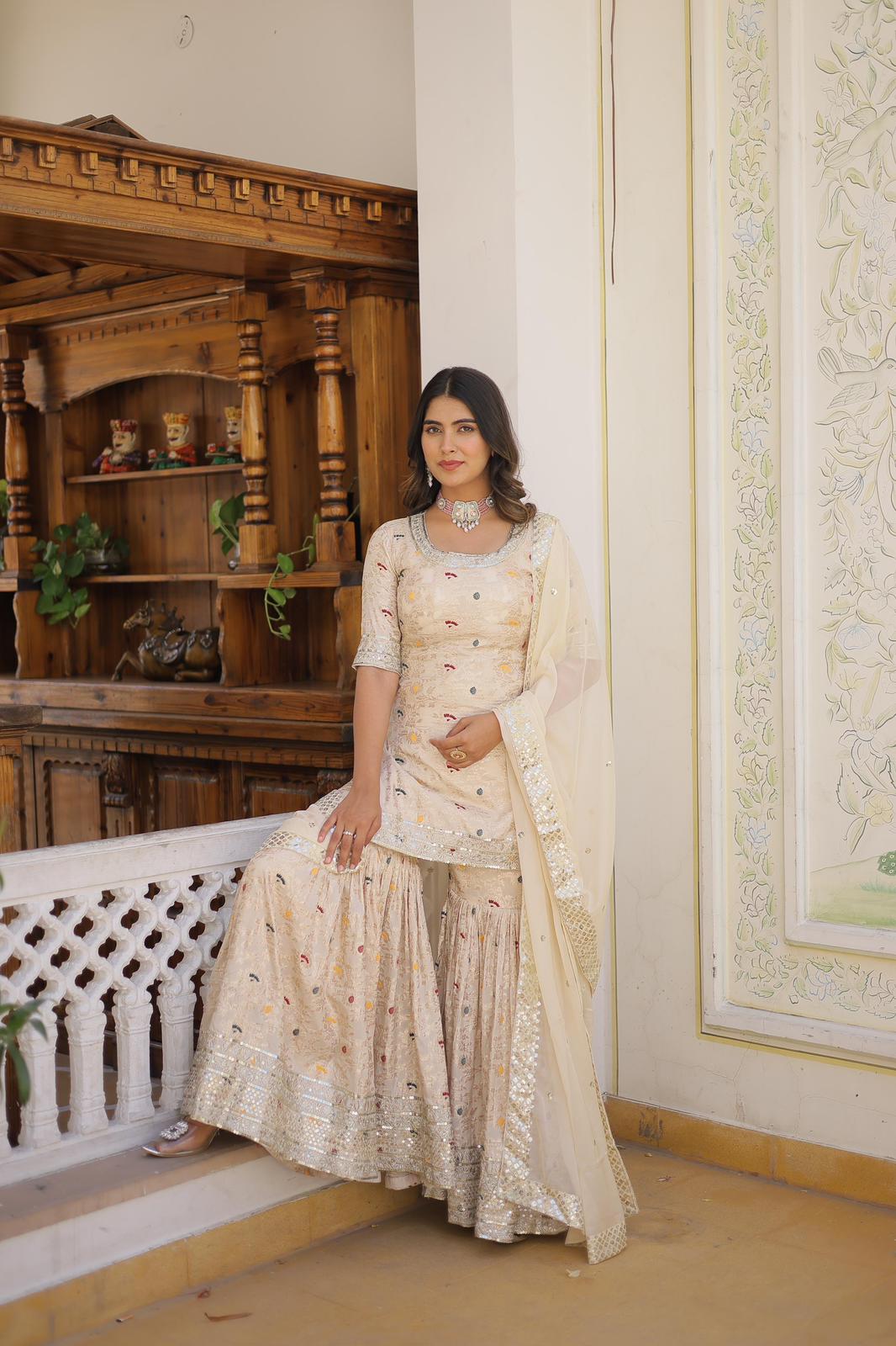 Viscose Jacquard Zari Embroidered Gharara Suit - Shopaholics Choice