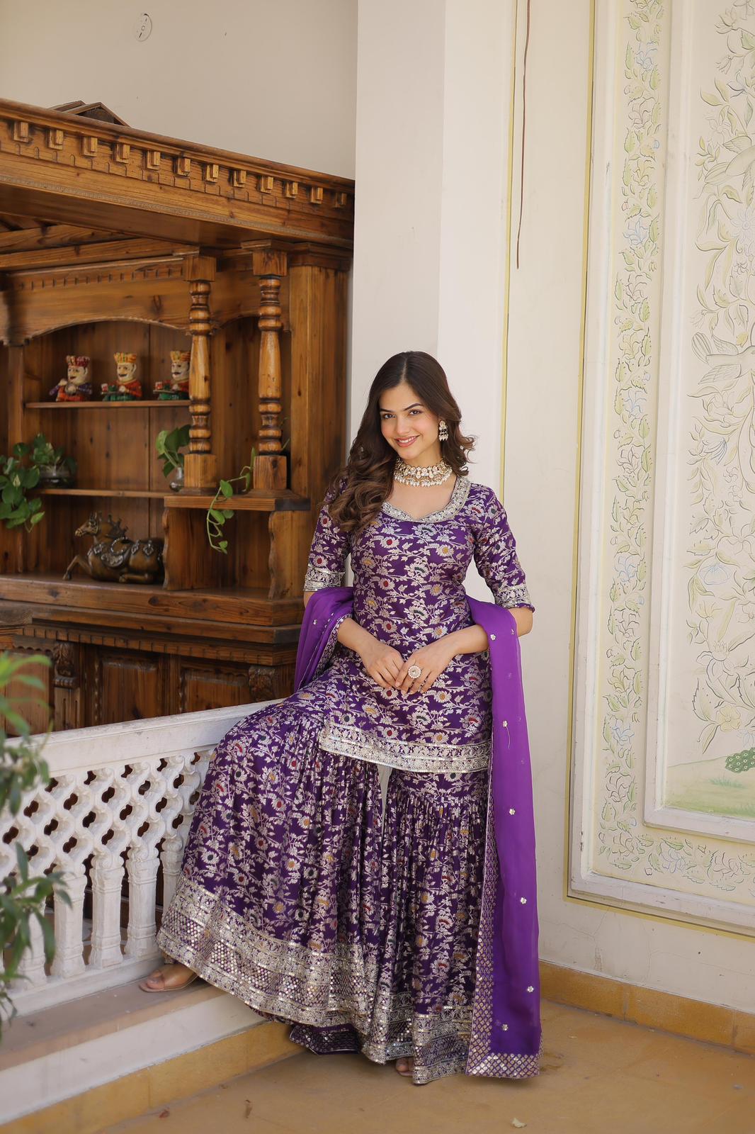 Viscose Jacquard Zari Embroidered Gharara Suit - Shopaholics Choice