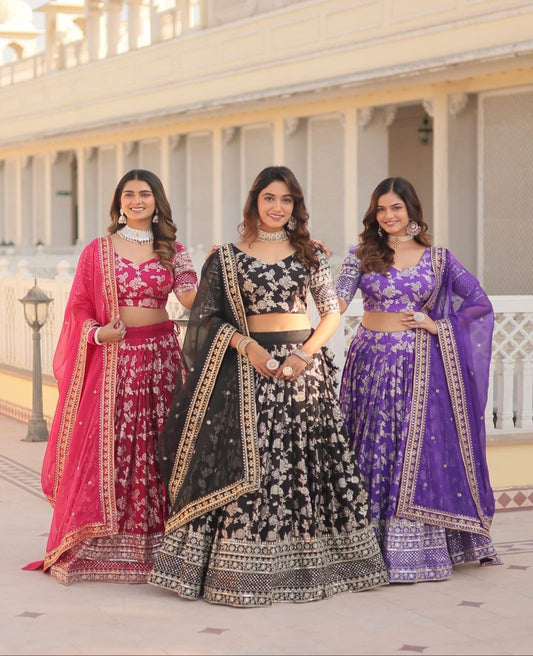 Dyable Viscose Jacquard Embroidered Lehnga - Shopaholics Choice