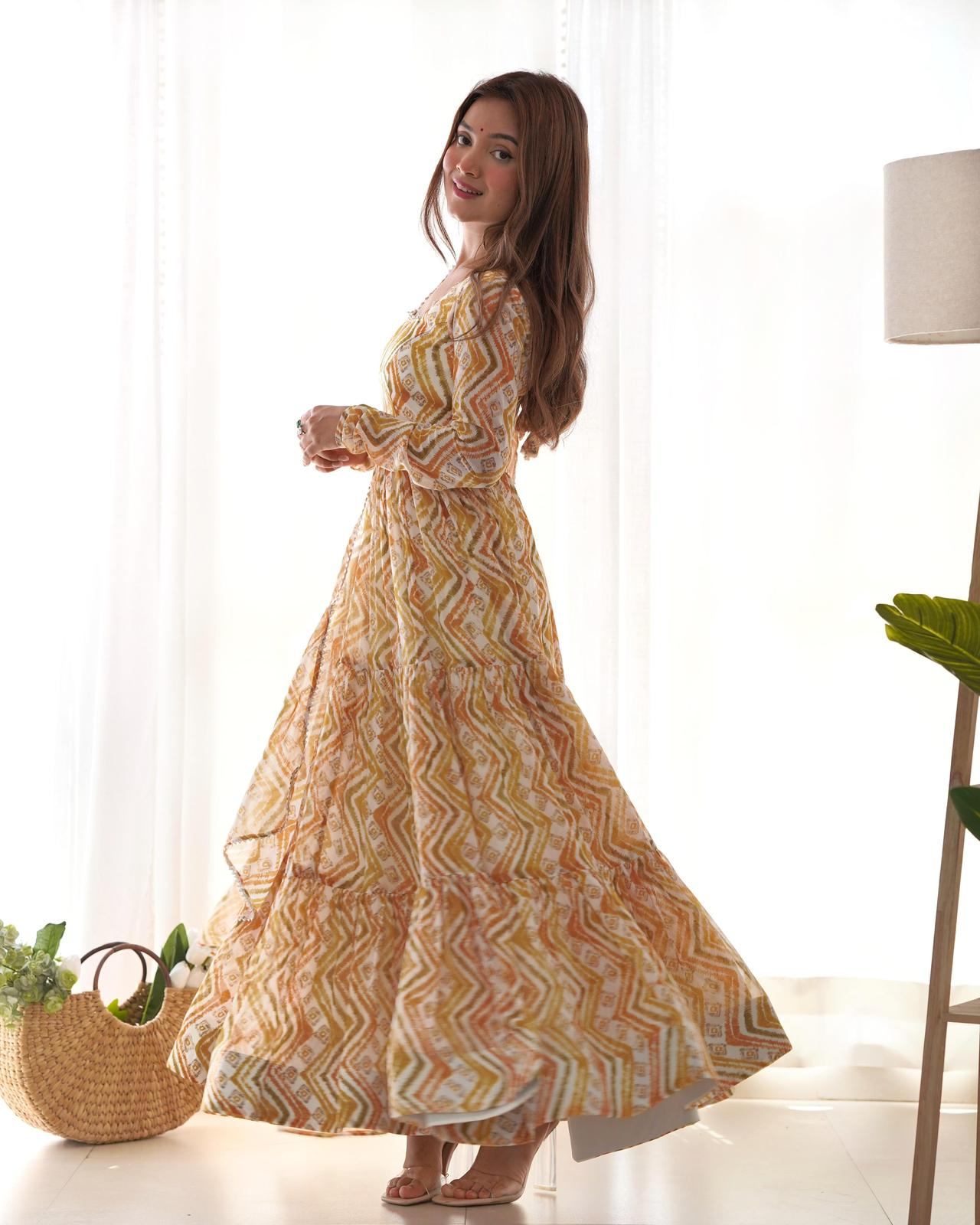 Georgette Zigzag Print Yoke Work Anarkali - Shopaholics Choice