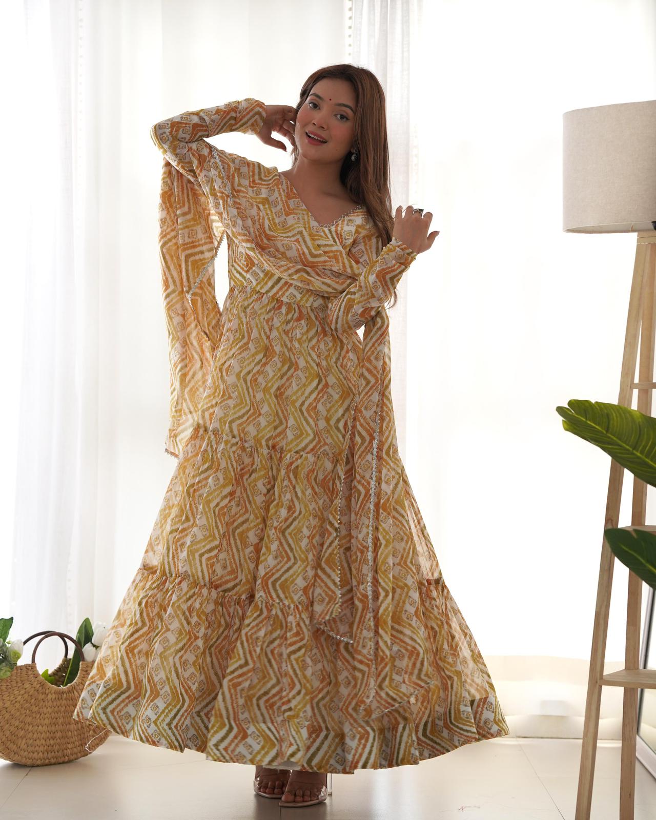 Georgette Zigzag Print Yoke Work Anarkali - Shopaholics Choice