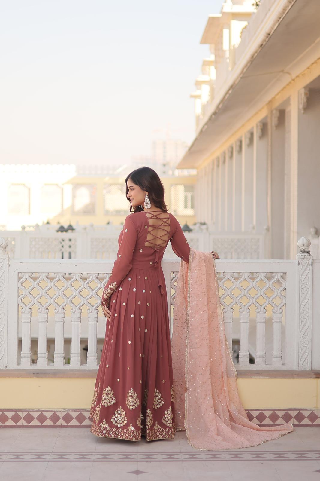 Rust Brown Georgette Zari Embroidered Anarkali Gown - Shopaholics Choice