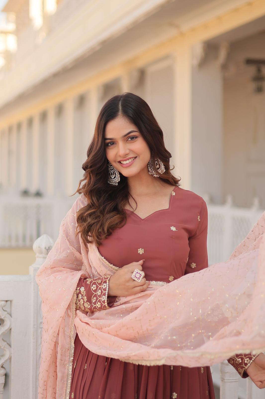 Rust Brown Georgette Zari Embroidered Anarkali Gown - Shopaholics Choice