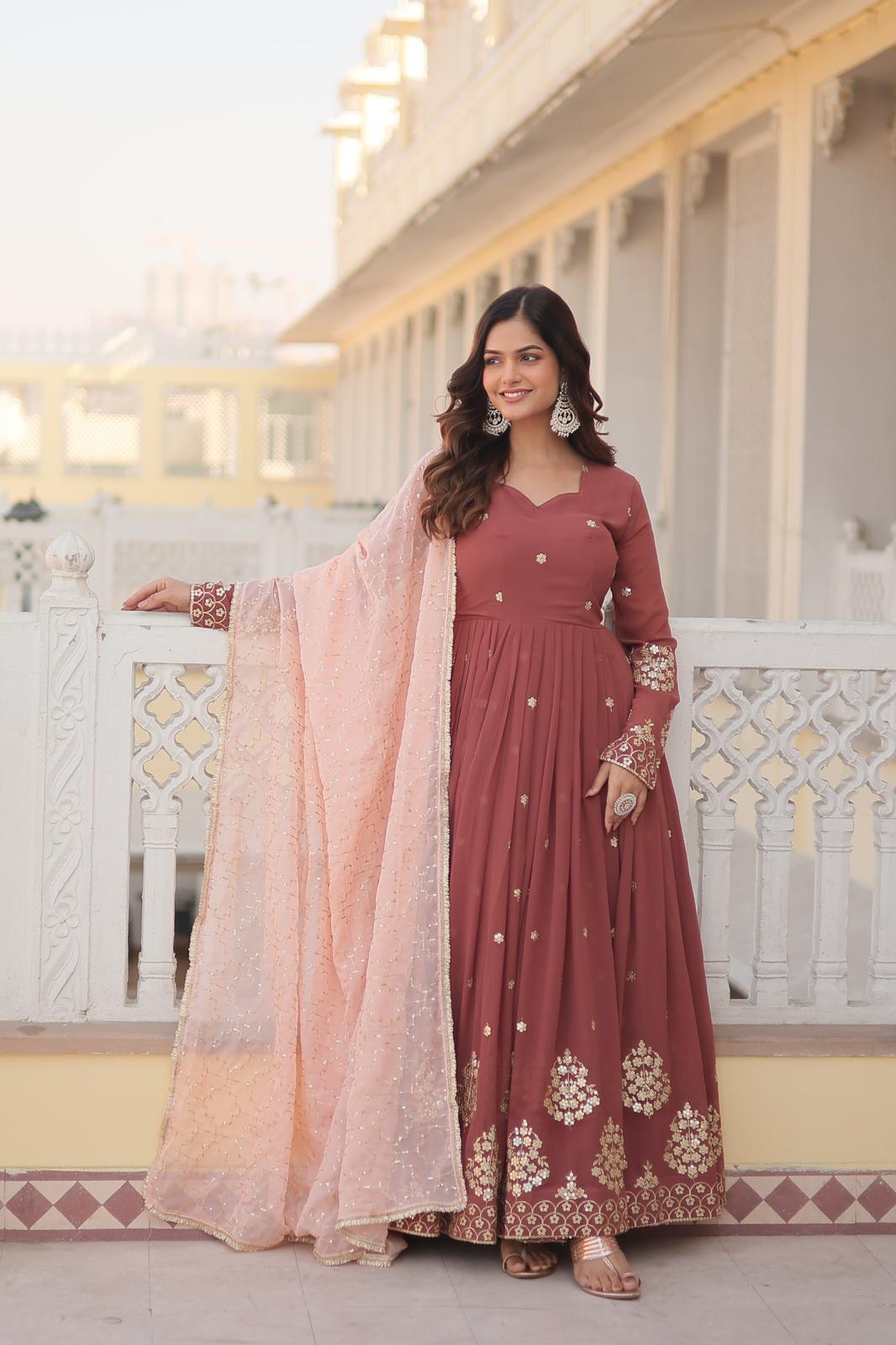 Rust Brown Georgette Zari Embroidered Anarkali Gown - Shopaholics Choice