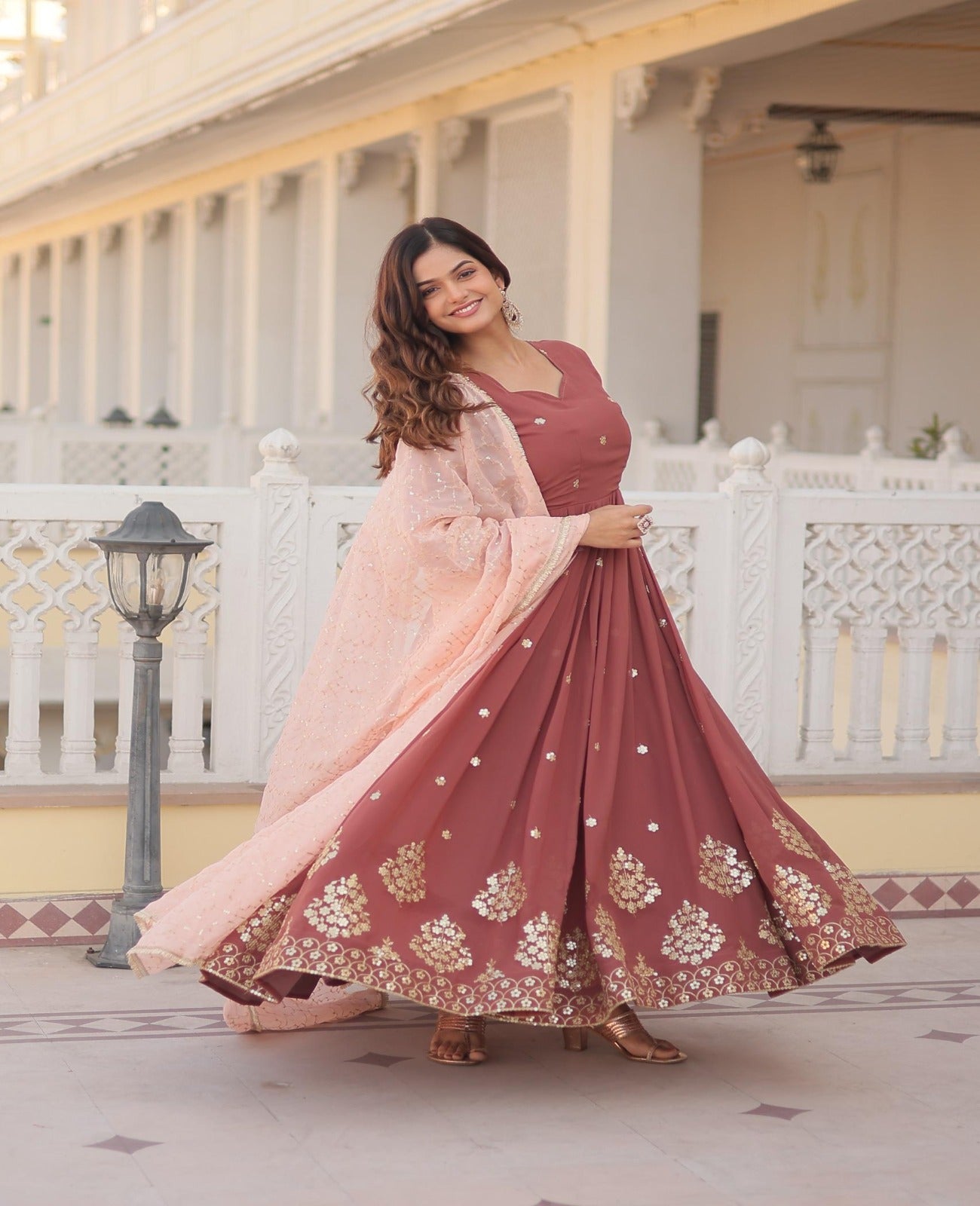 Rust Brown Georgette Zari Embroidered Anarkali Gown - Shopaholics Choice