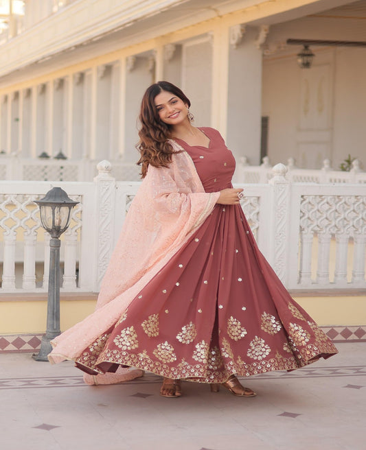 Rust Brown Georgette Zari Embroidered Anarkali Gown - Shopaholics Choice