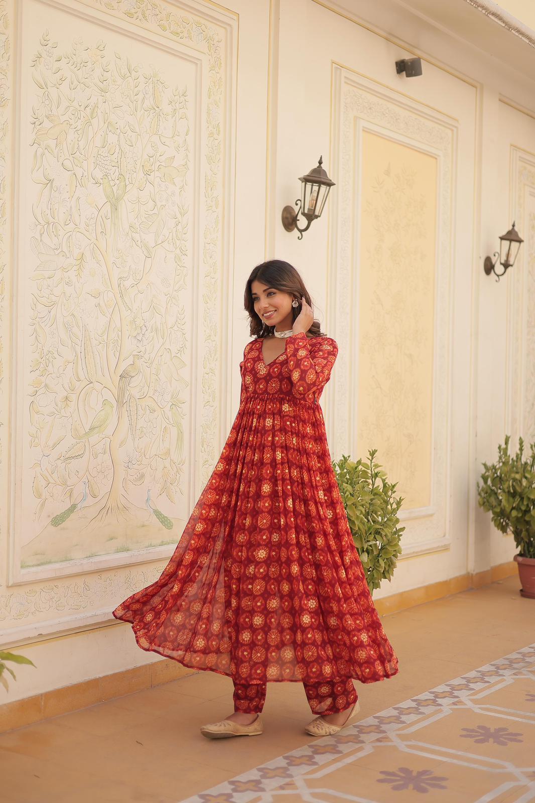 Solid Colour Georgette Foil Work Kurta Set - Shopaholics Choice