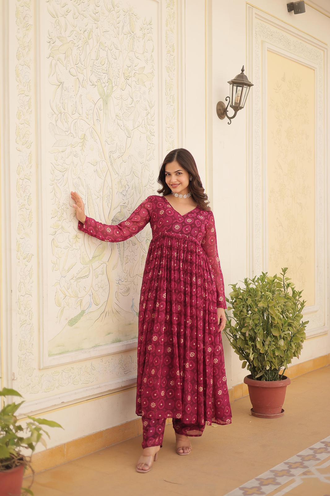 Solid Colour Georgette Foil Work Kurta Set - Shopaholics Choice