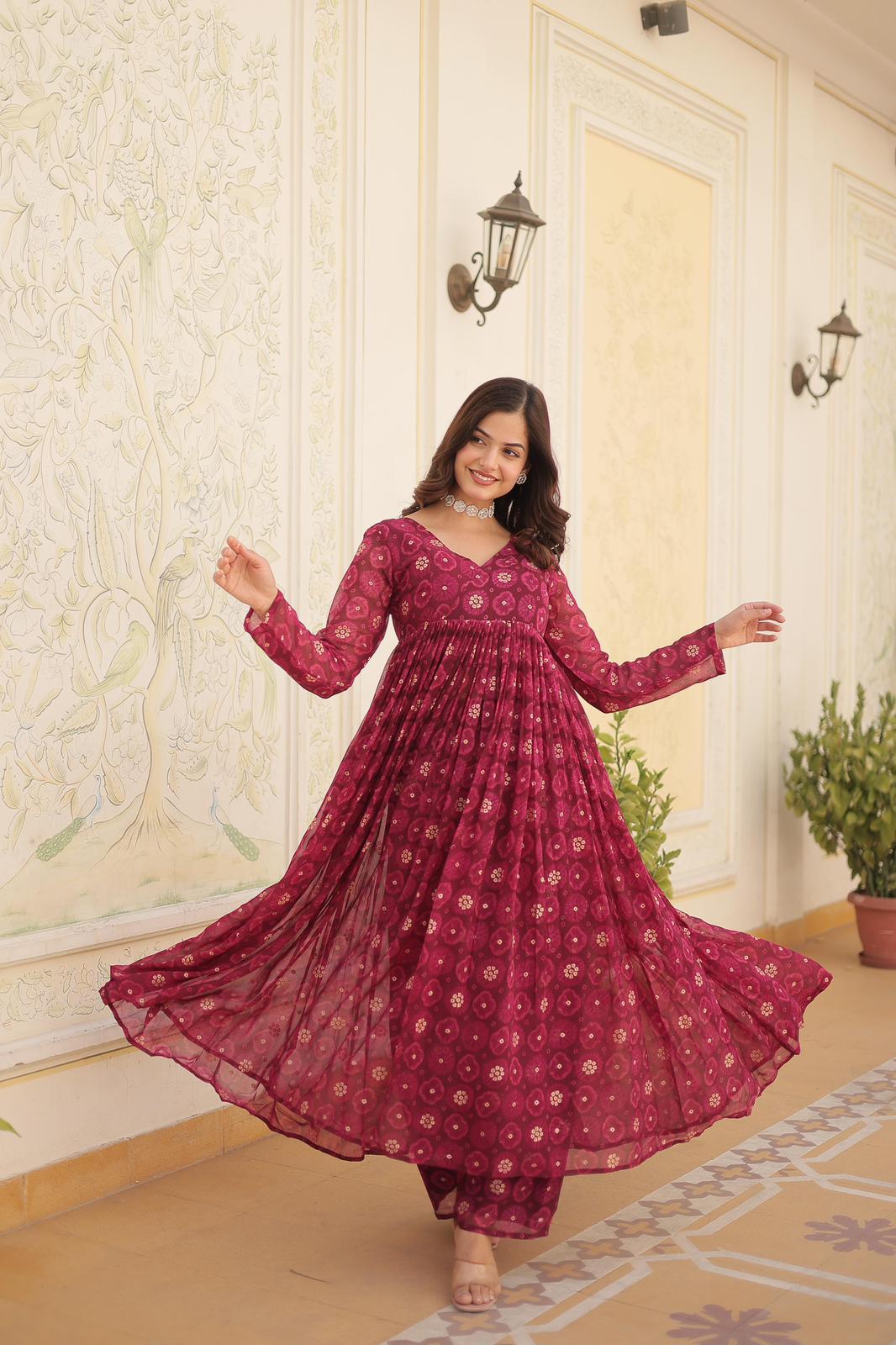 Solid Colour Georgette Foil Work Kurta Set - Shopaholics Choice