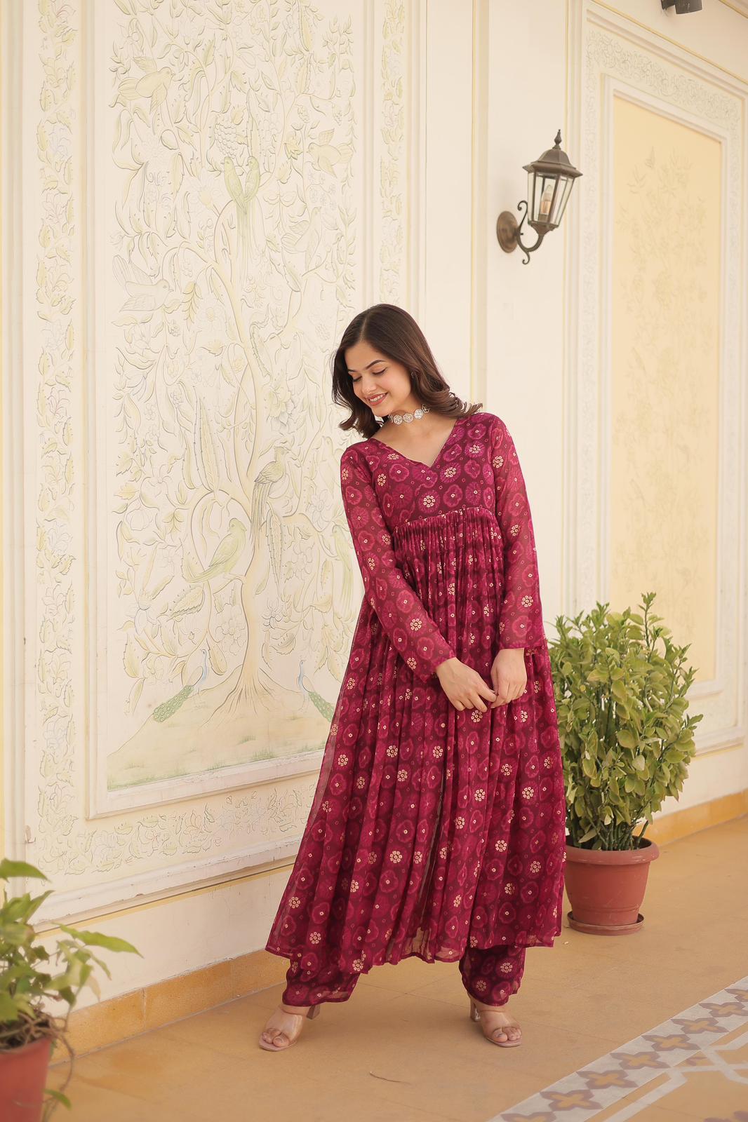 Solid Colour Georgette Foil Work Kurta Set - Shopaholics Choice