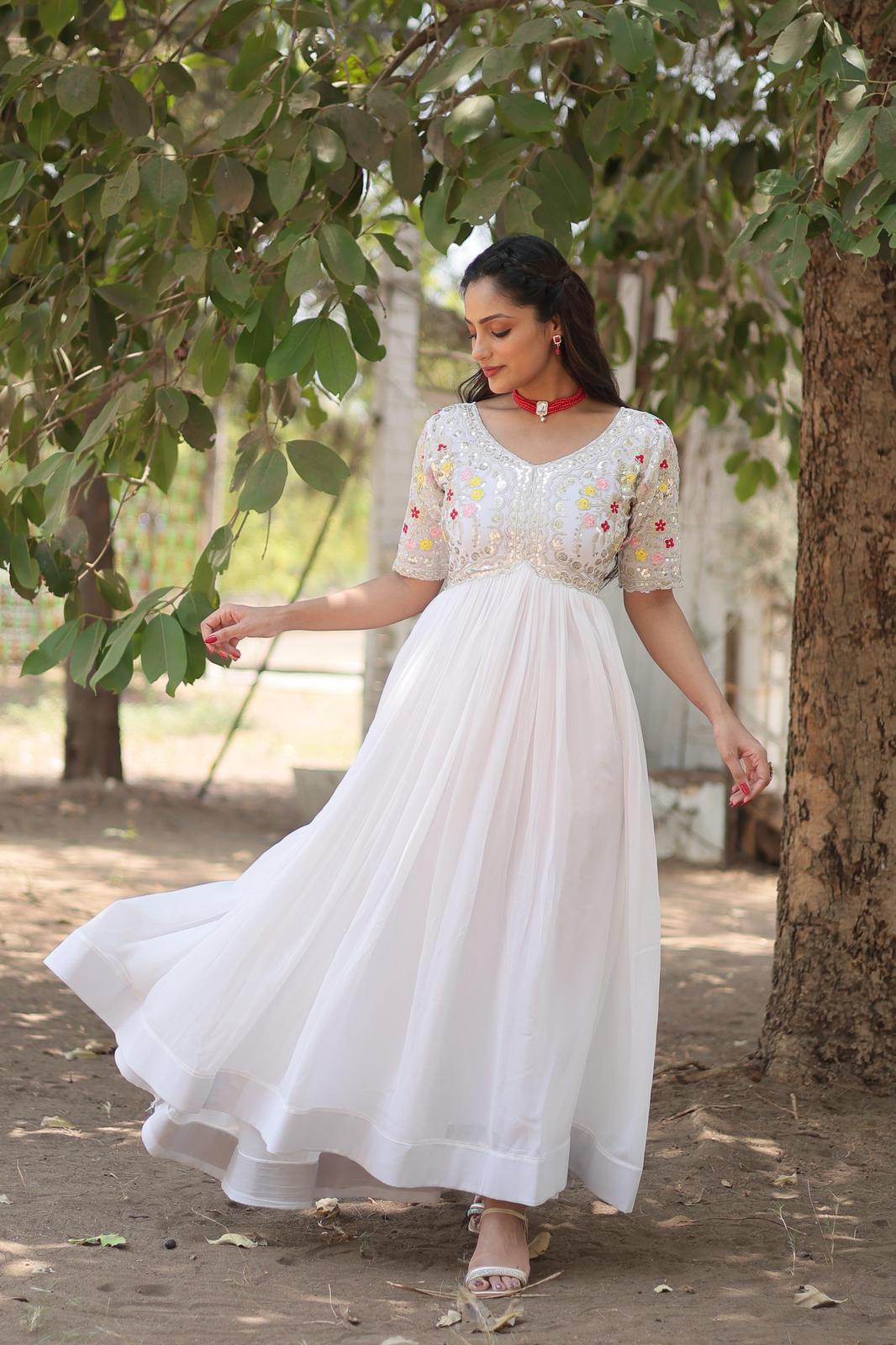 Solidcolour Blooming Sequins Work Gown - Shopaholics Choice