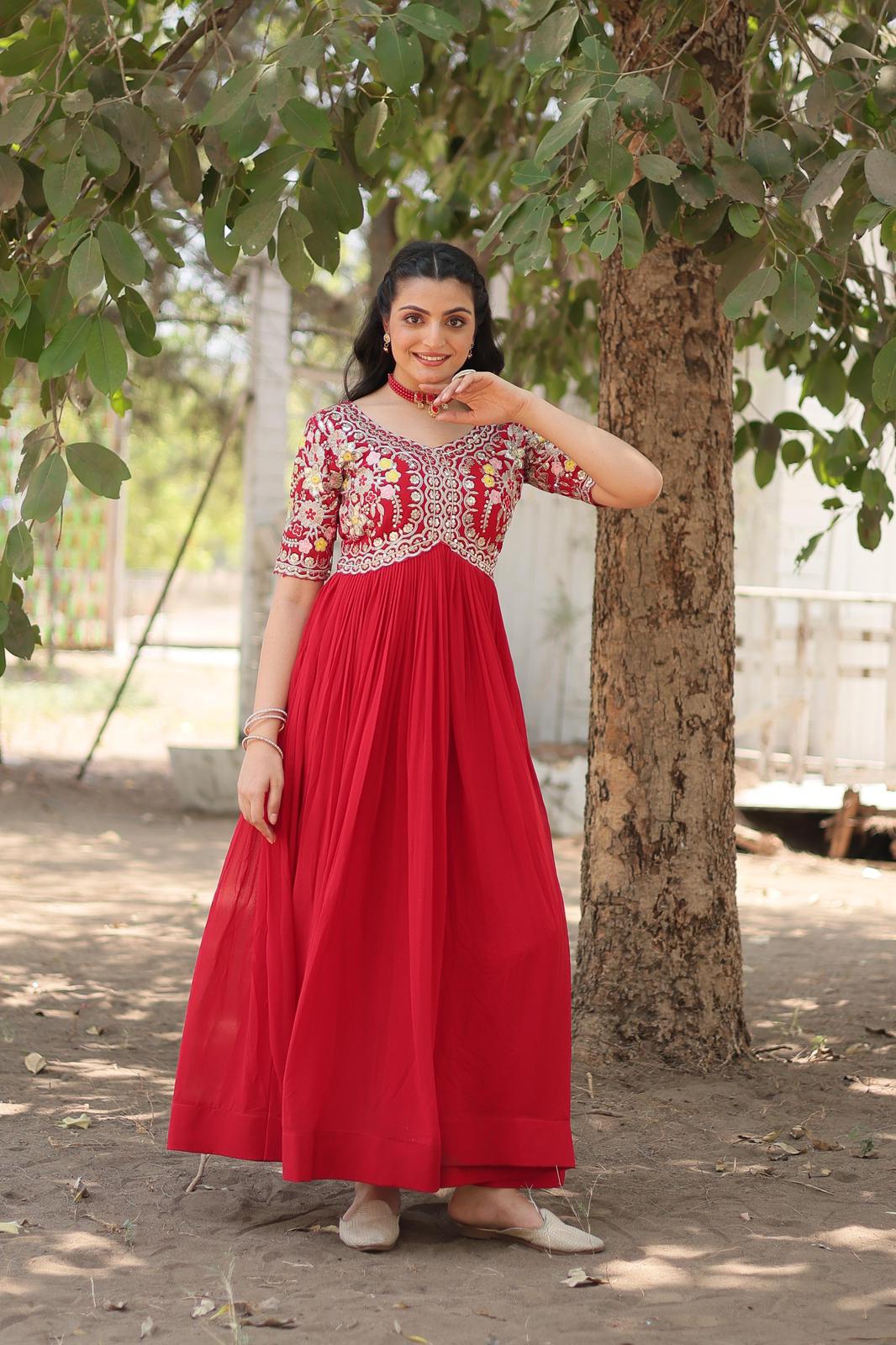 Solidcolour Blooming Sequins Work Gown - Shopaholics Choice