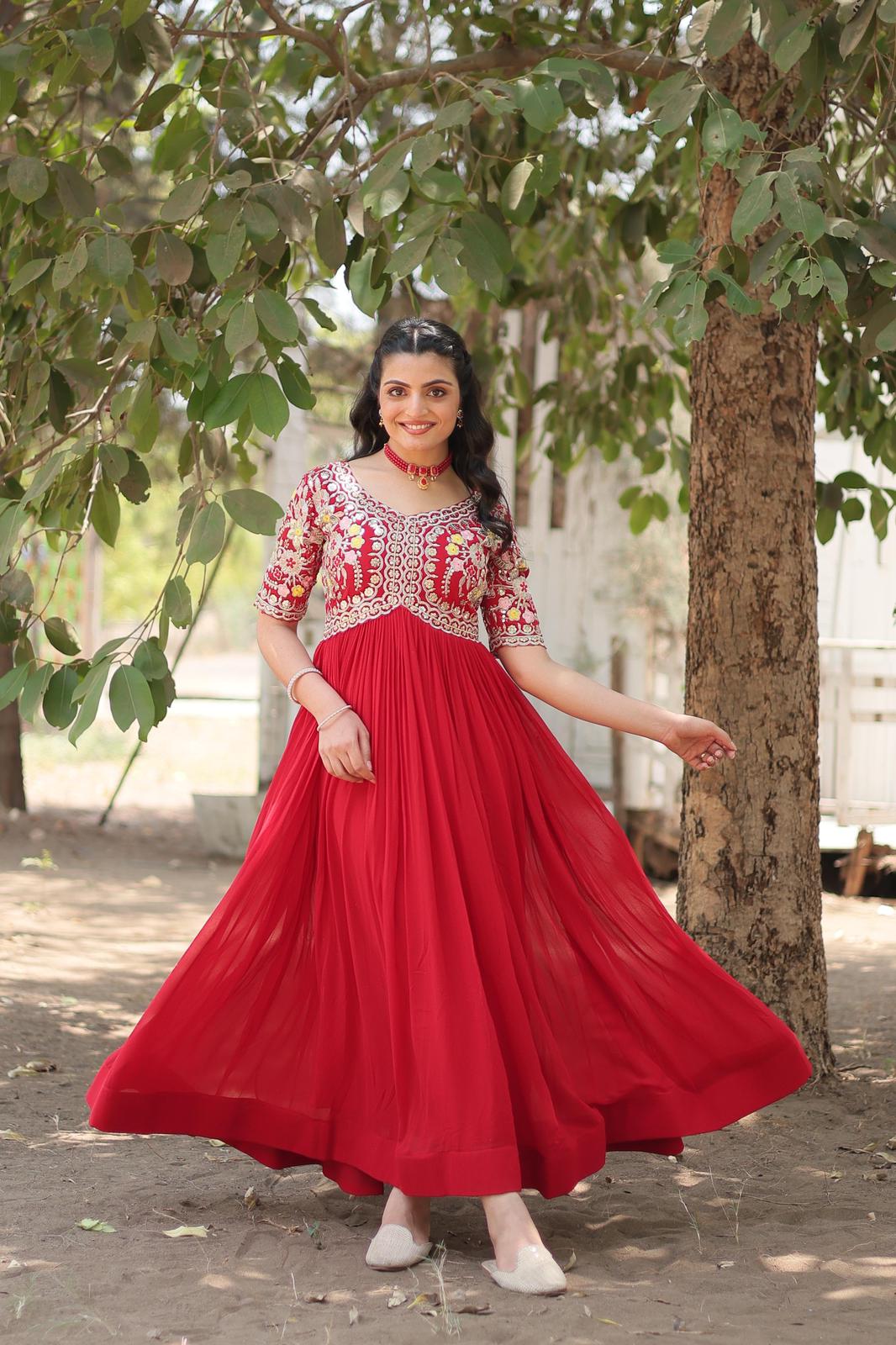 Solidcolour Blooming Sequins Work Gown - Shopaholics Choice