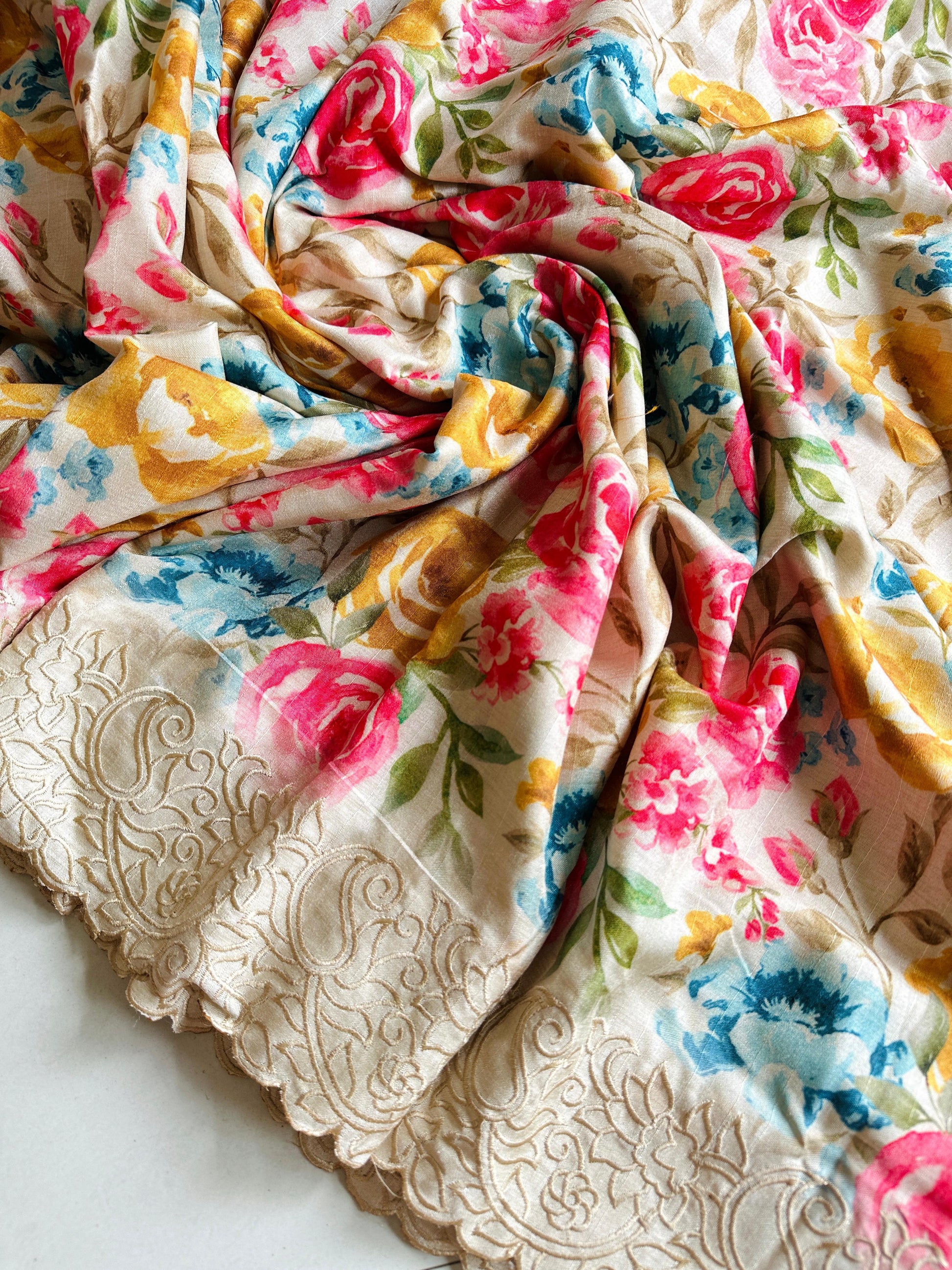 Tussar Silk Floral Cutwork Saree - Shopaholics Choice