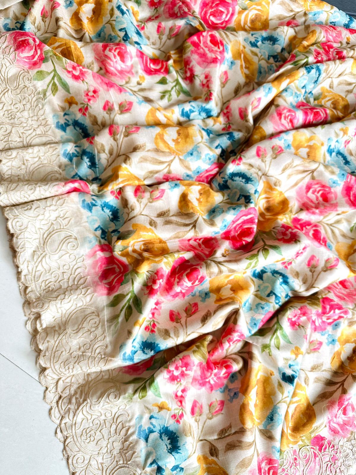 Tussar Silk Floral Cutwork Saree - Shopaholics Choice