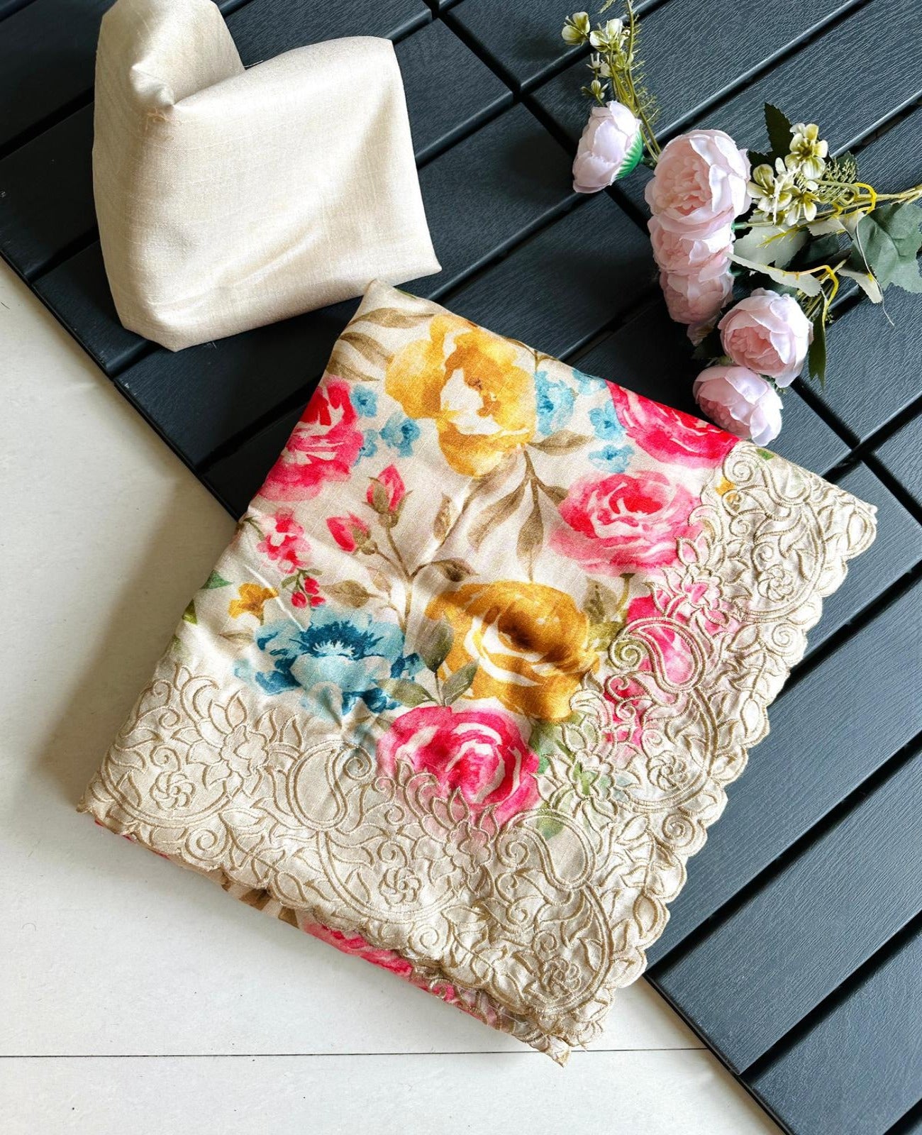 Tussar Silk Floral Cutwork Saree - Shopaholics Choice
