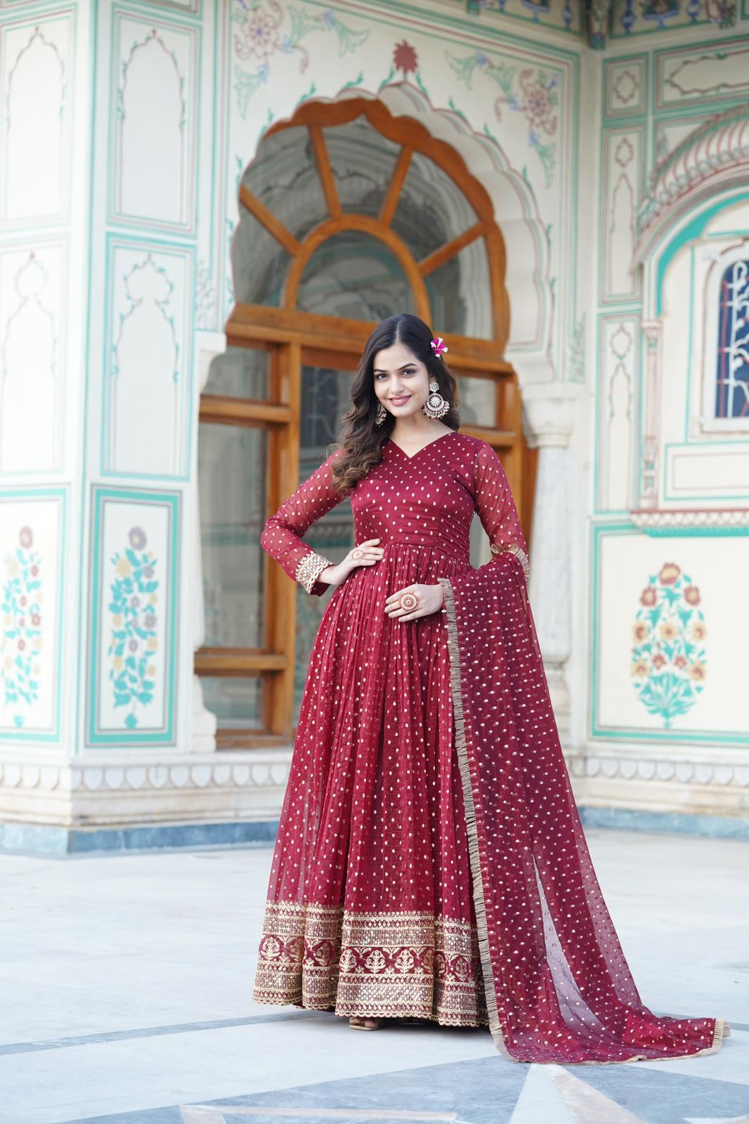 Nylon Jacquard Butti Work Anarkali Gown - Shopaholics Choice
