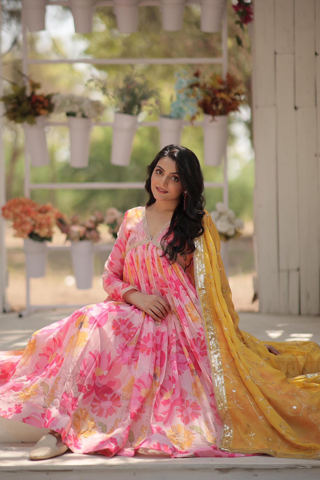 Russian Silk Floral Sequins Work Alia Anarkali - Shopaholics Choice