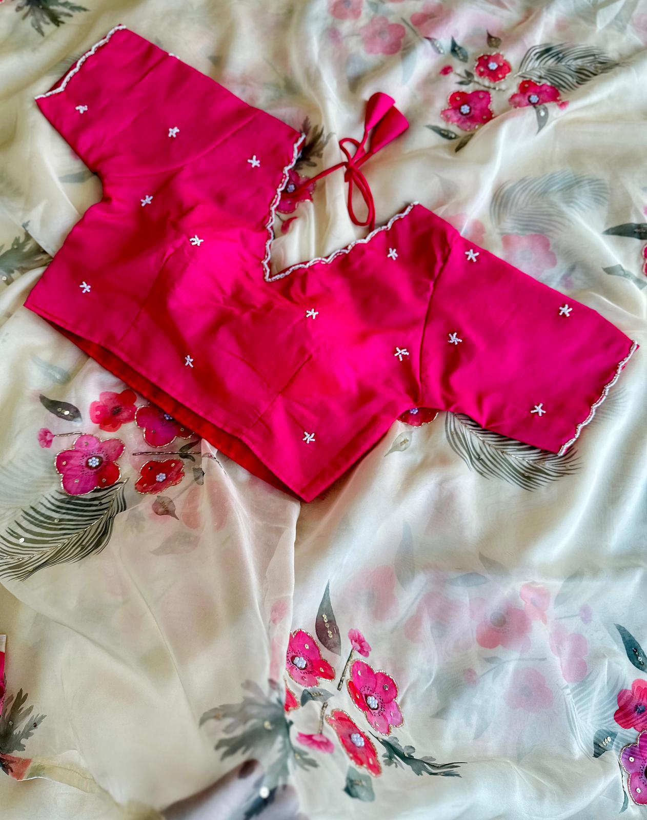 White-Pink Organza Handcrafted Saree - Shopaholics Choice