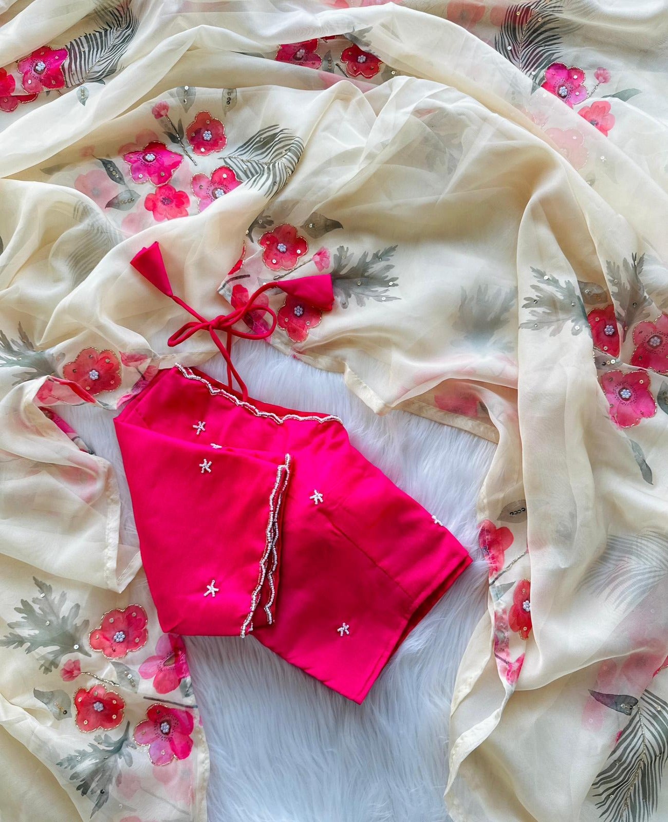 White-Pink Organza Handcrafted Saree - Shopaholics Choice