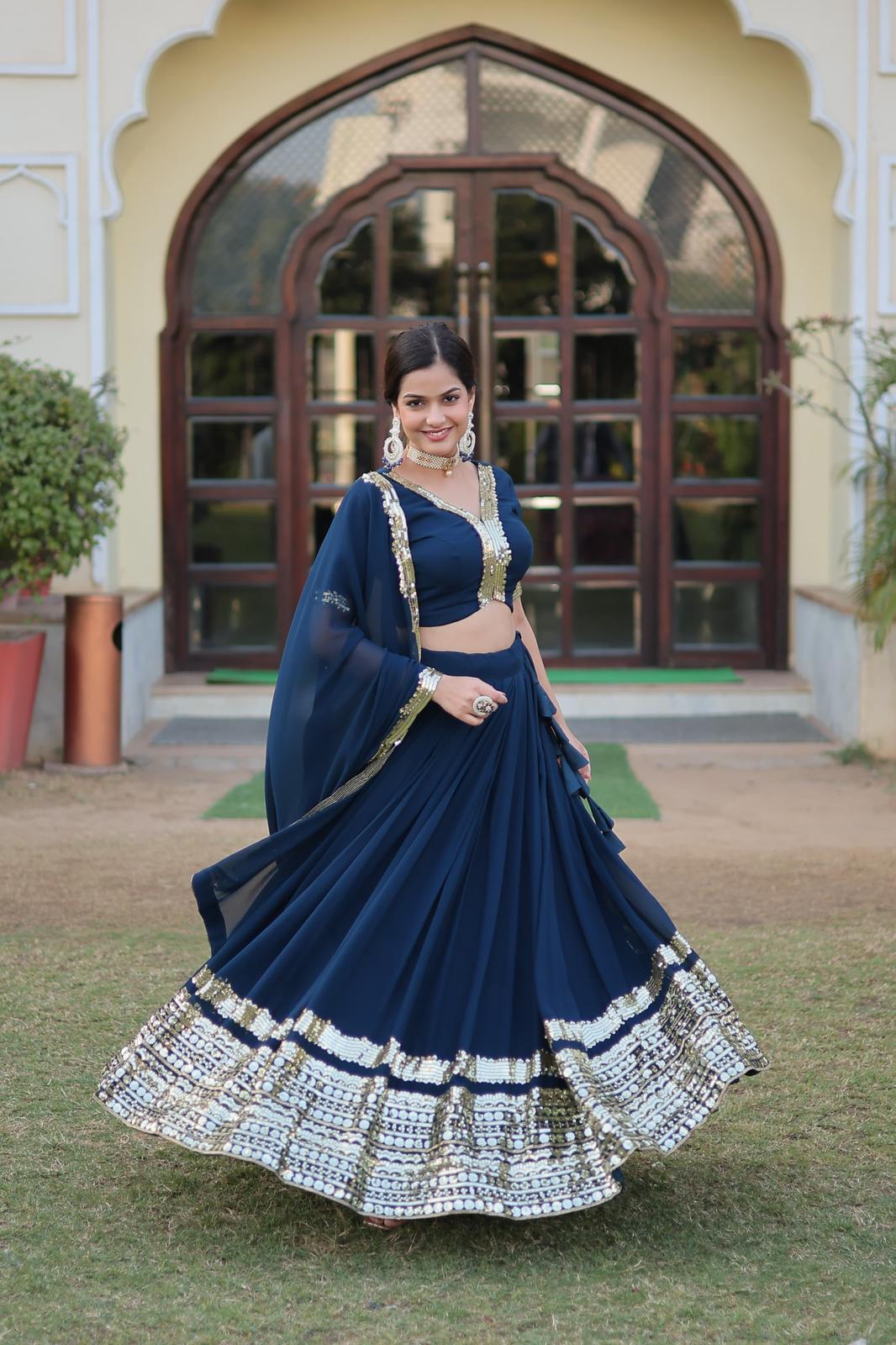 Designer NavyBlue Georgette Sequins Work Lehnga Choli - Shopaholics Choice