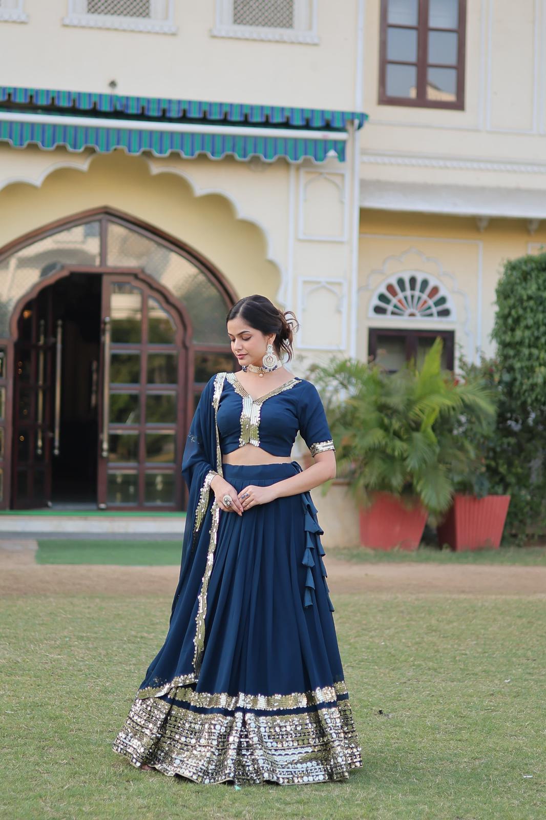 Designer NavyBlue Georgette Sequins Work Lehnga Choli - Shopaholics Choice