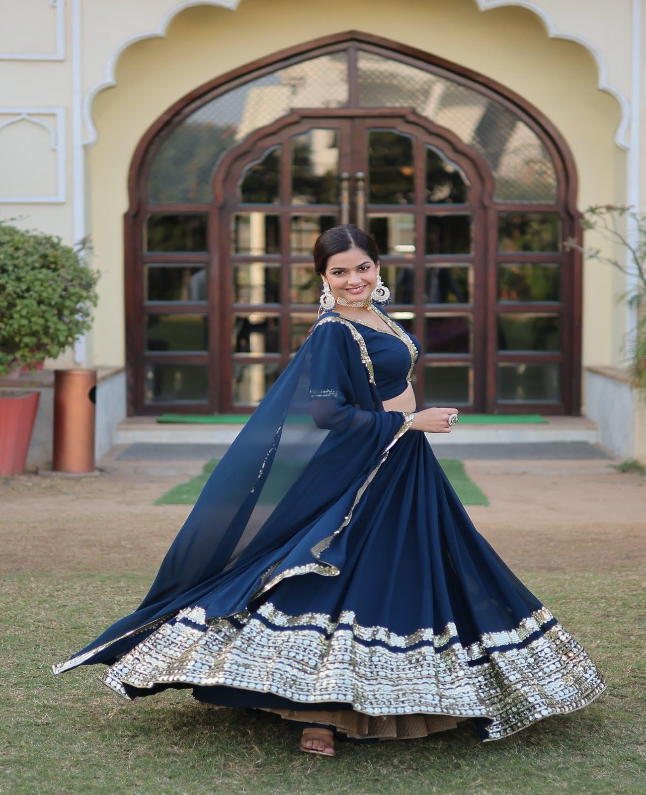 Designer NavyBlue Georgette Sequins Work Lehnga Choli - Shopaholics Choice