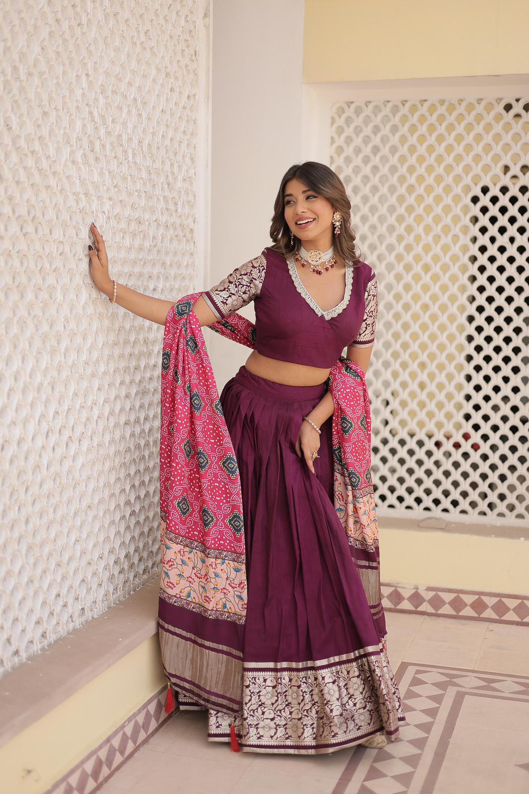 Solidcolour Viscose Jacquard Lehnga Choli - Shopaholics Choice