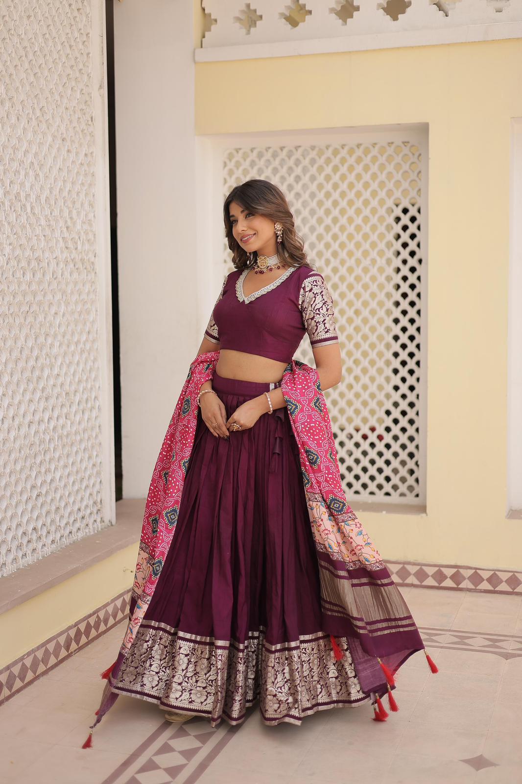 Solidcolour Viscose Jacquard Lehnga Choli - Shopaholics Choice