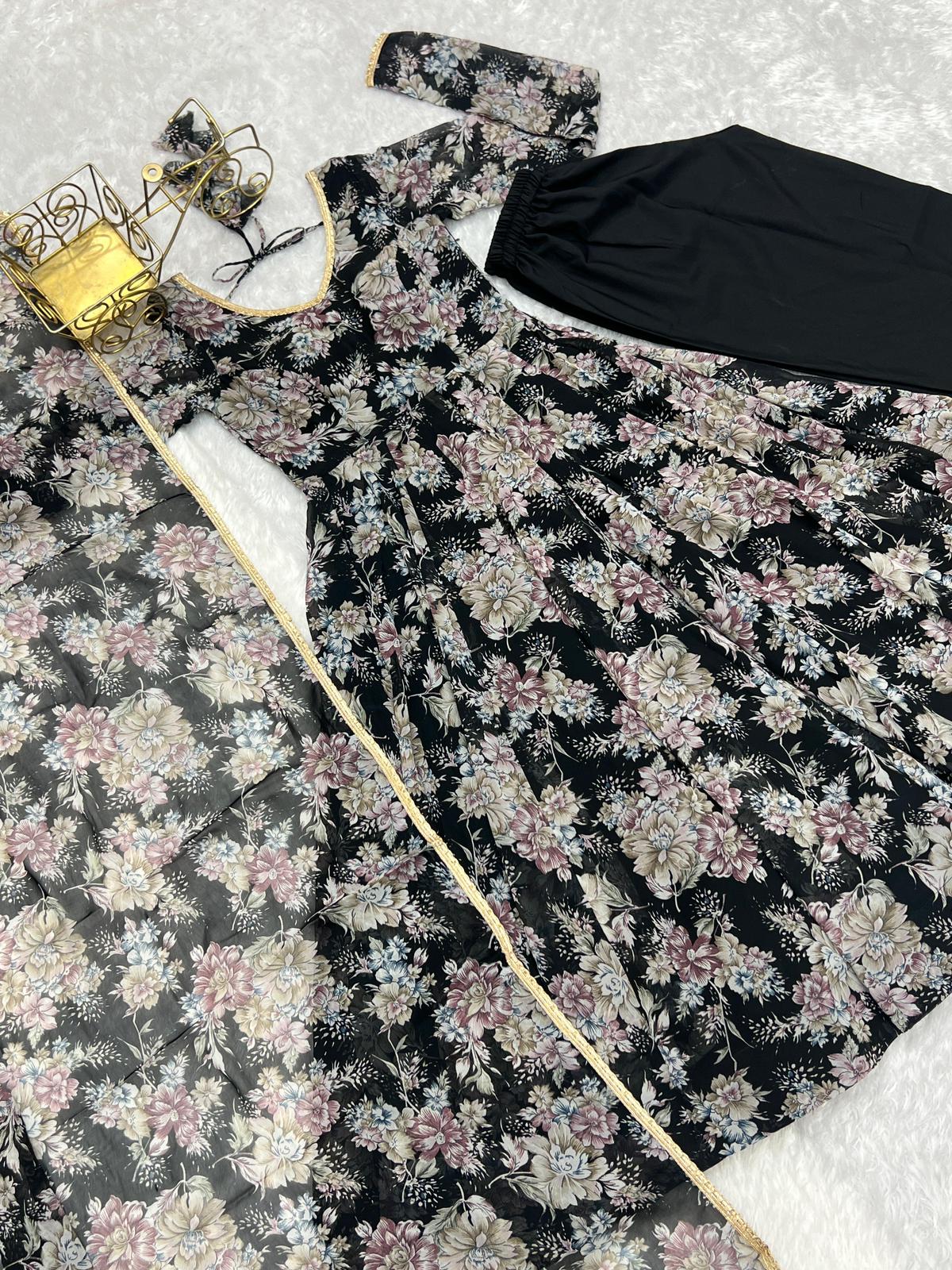 Black Georgette Floral V Neck Suit - Shopaholics Choice