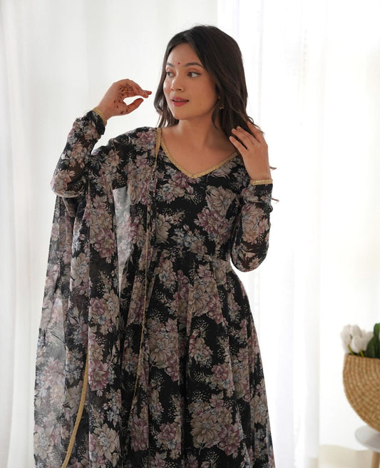 Black Georgette Floral V Neck Suit - Shopaholics Choice