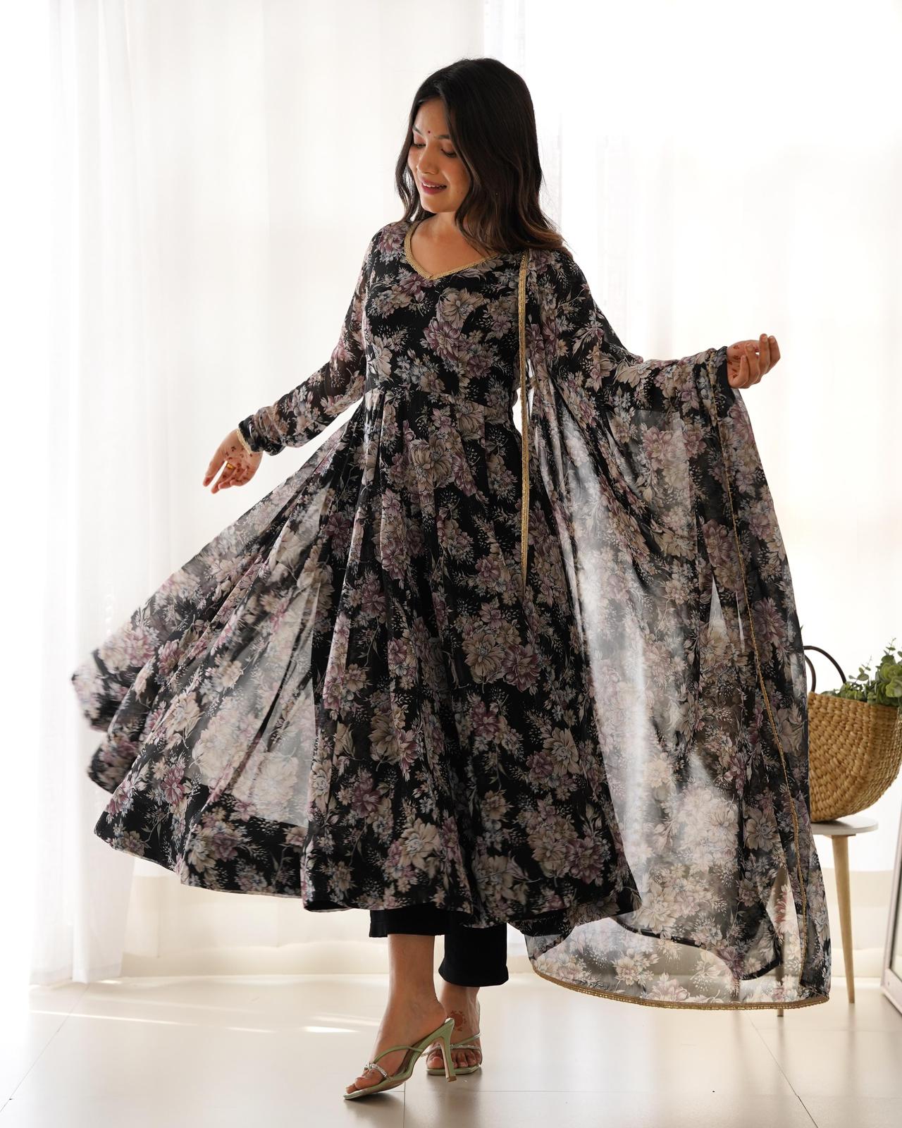 Black Georgette Floral V Neck Suit - Shopaholics Choice