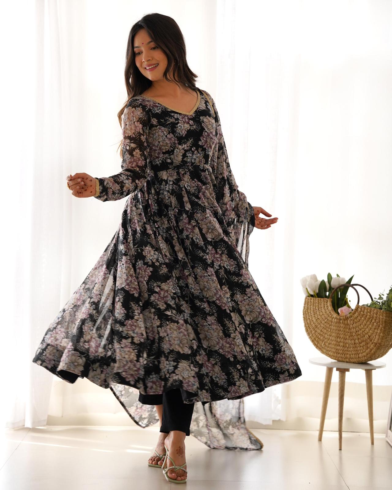 Black Georgette Floral V Neck Suit - Shopaholics Choice