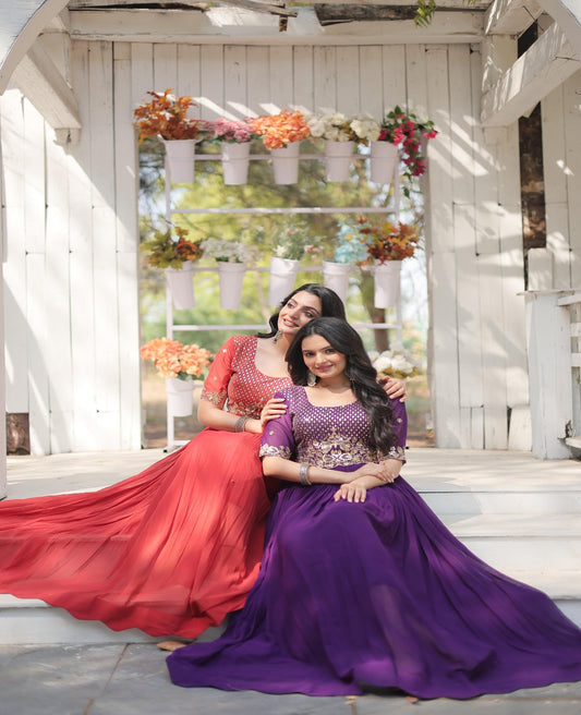 Solidcolour Faux Zari Thread Work Gown - Shopaholics Choice