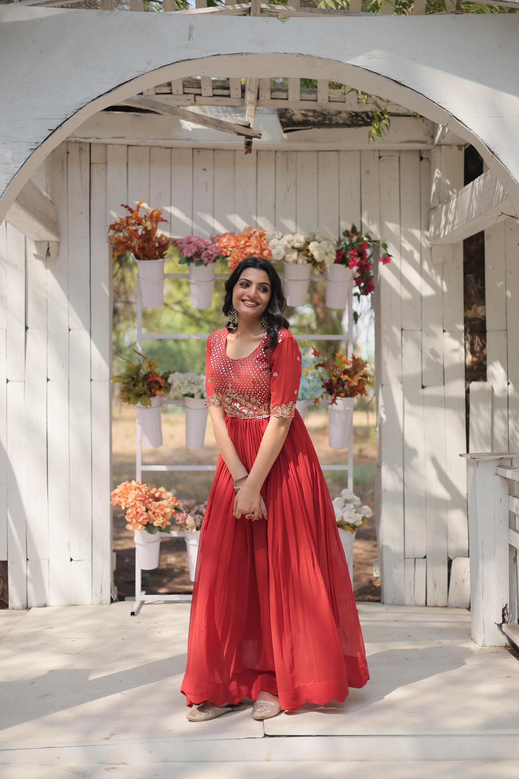 Solidcolour Faux Zari Thread Work Gown - Shopaholics Choice