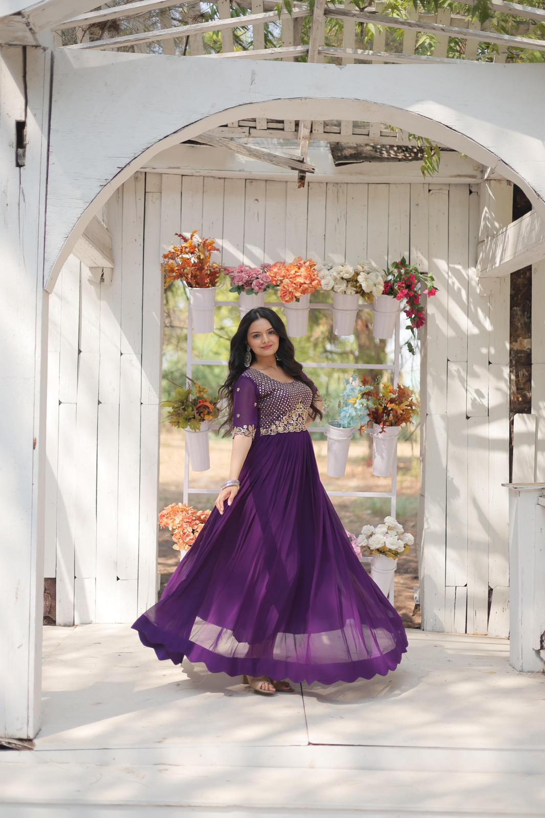 Solidcolour Faux Zari Thread Work Gown - Shopaholics Choice