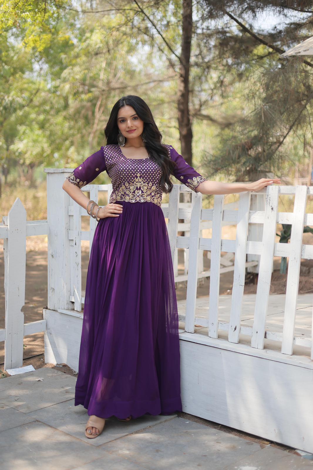 Solidcolour Faux Zari Thread Work Gown - Shopaholics Choice