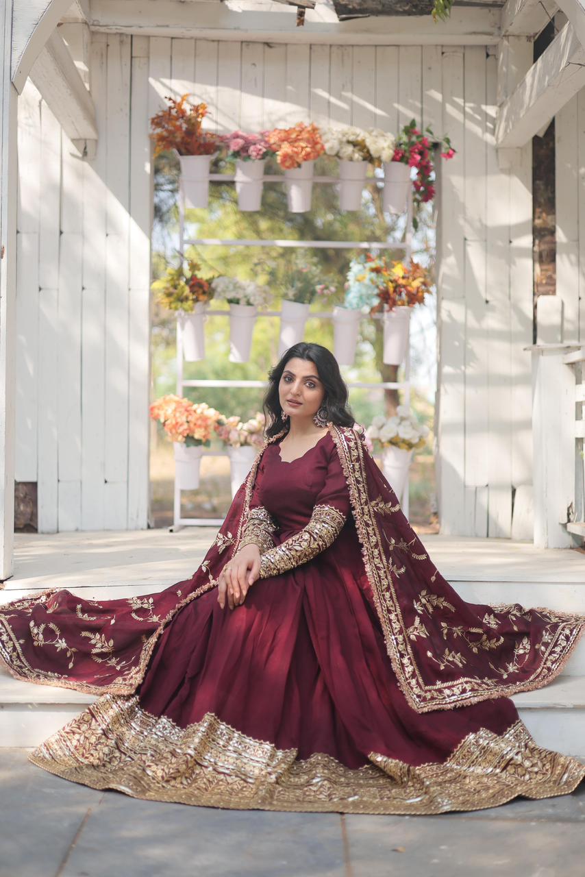 Dark Maroon Vichitra Rich Sequins Work Anarkali Gown - Shopaholics Choice