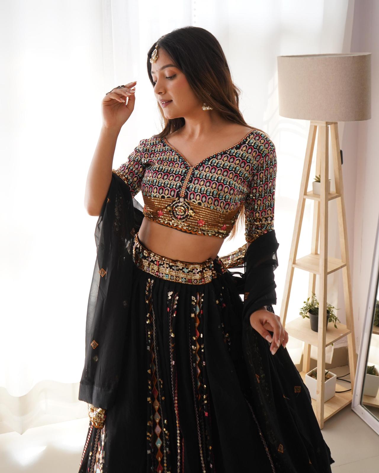 Black Faux Georgette Heavy Sequins Work Lehnga Choli - Shopaholics Choice