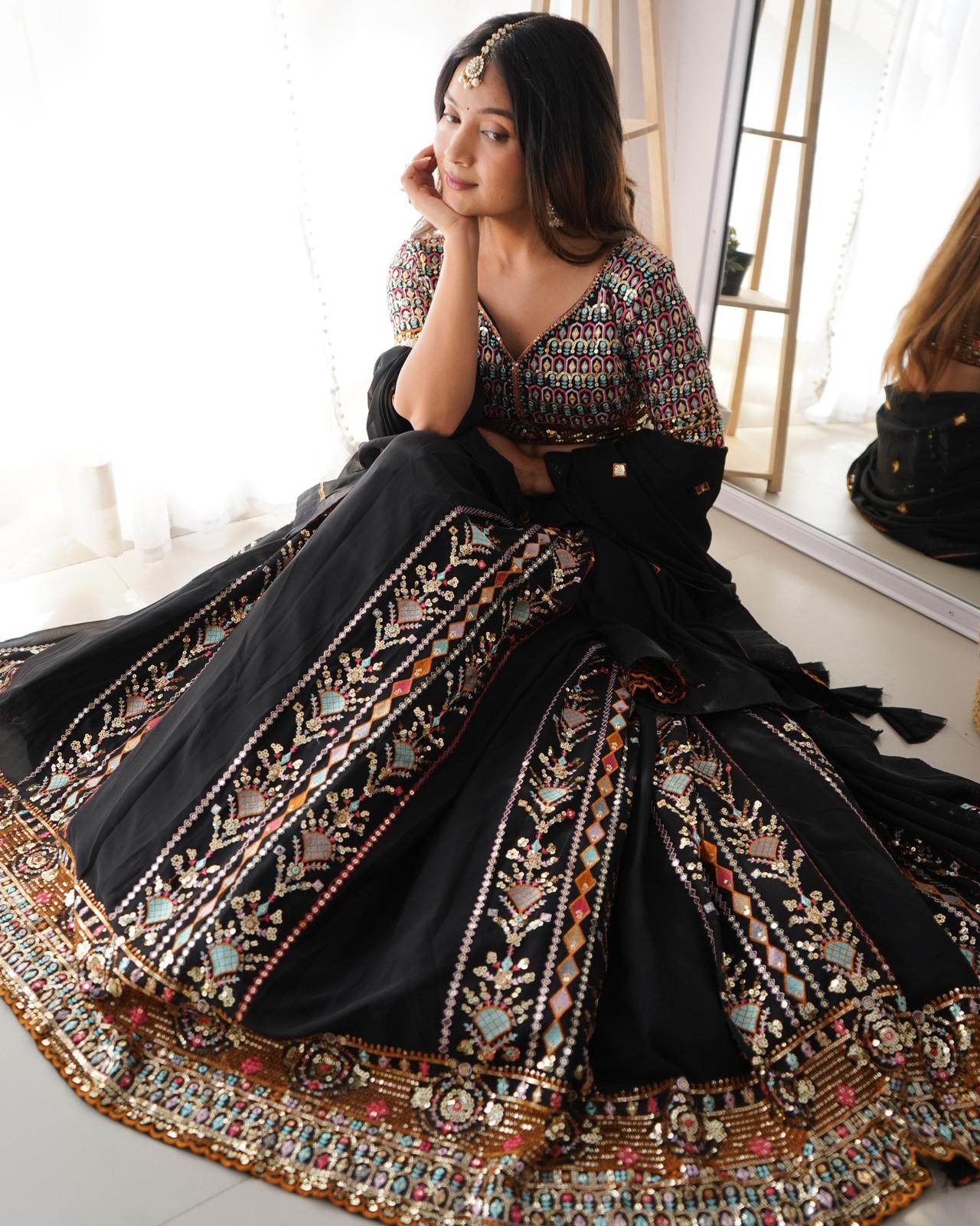 Black Faux Georgette Heavy Sequins Work Lehnga Choli - Shopaholics Choice
