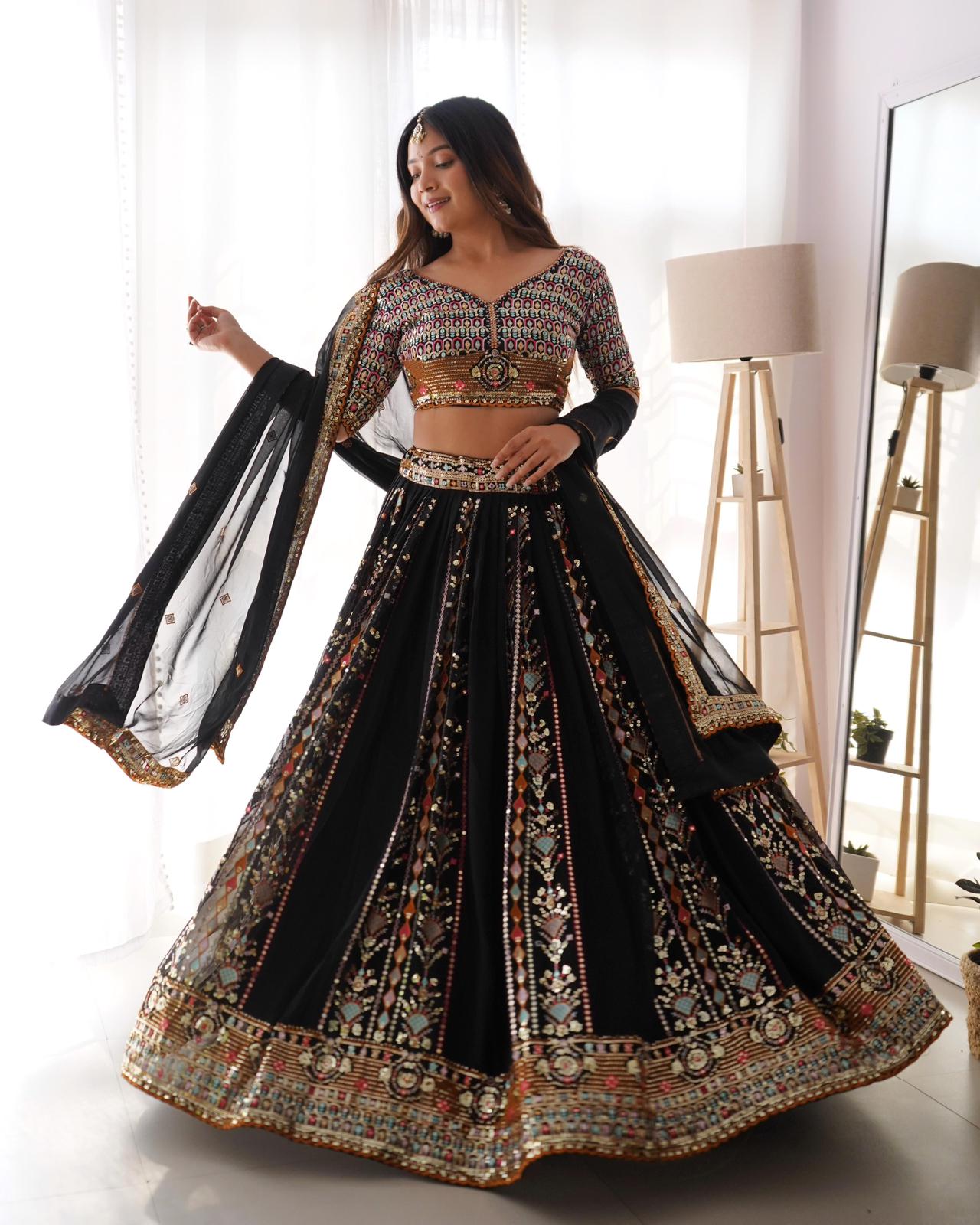 Black Faux Georgette Heavy Sequins Work Lehnga Choli - Shopaholics Choice