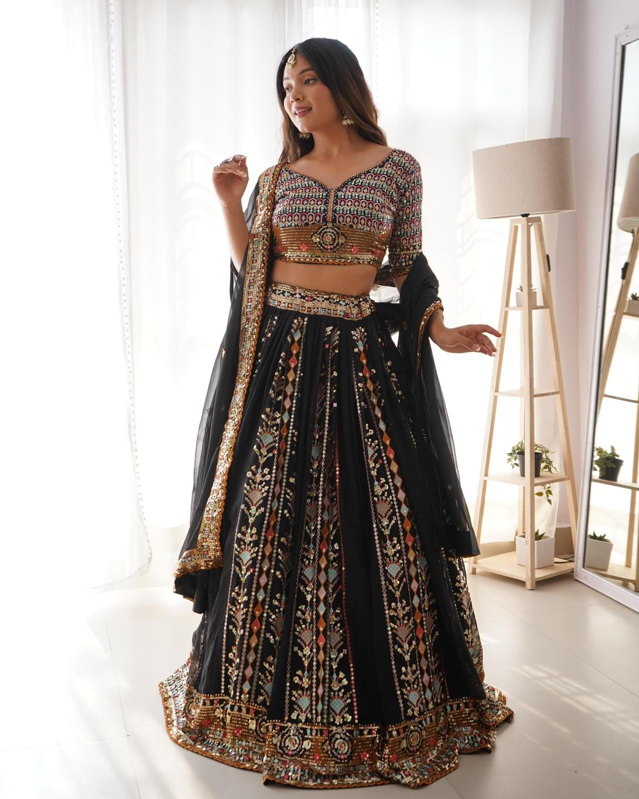Black Faux Georgette Heavy Sequins Work Lehnga Choli - Shopaholics Choice