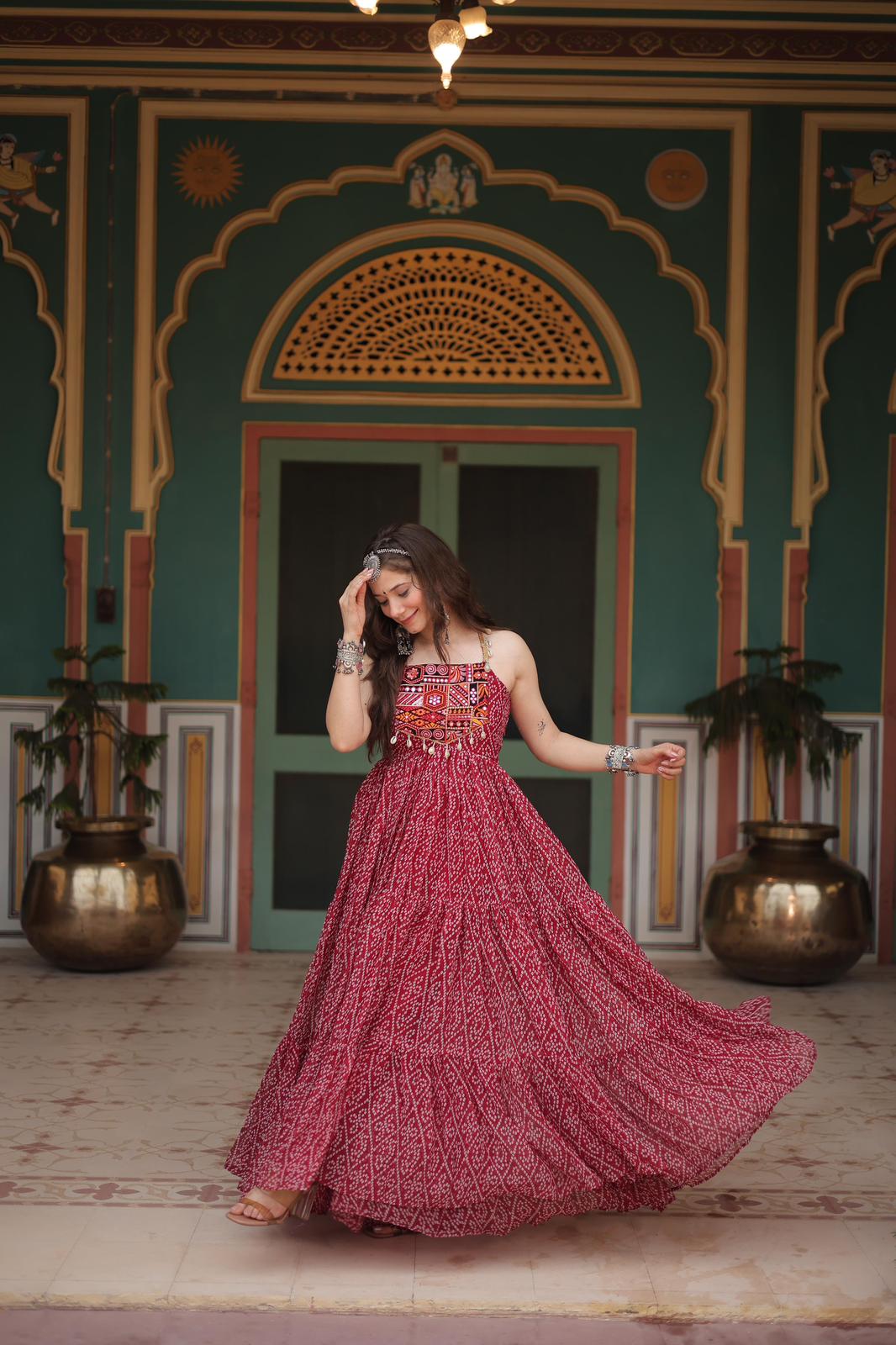 Georgette Bandhni Printed Kutchi Work Gown - Shopaholics Choice