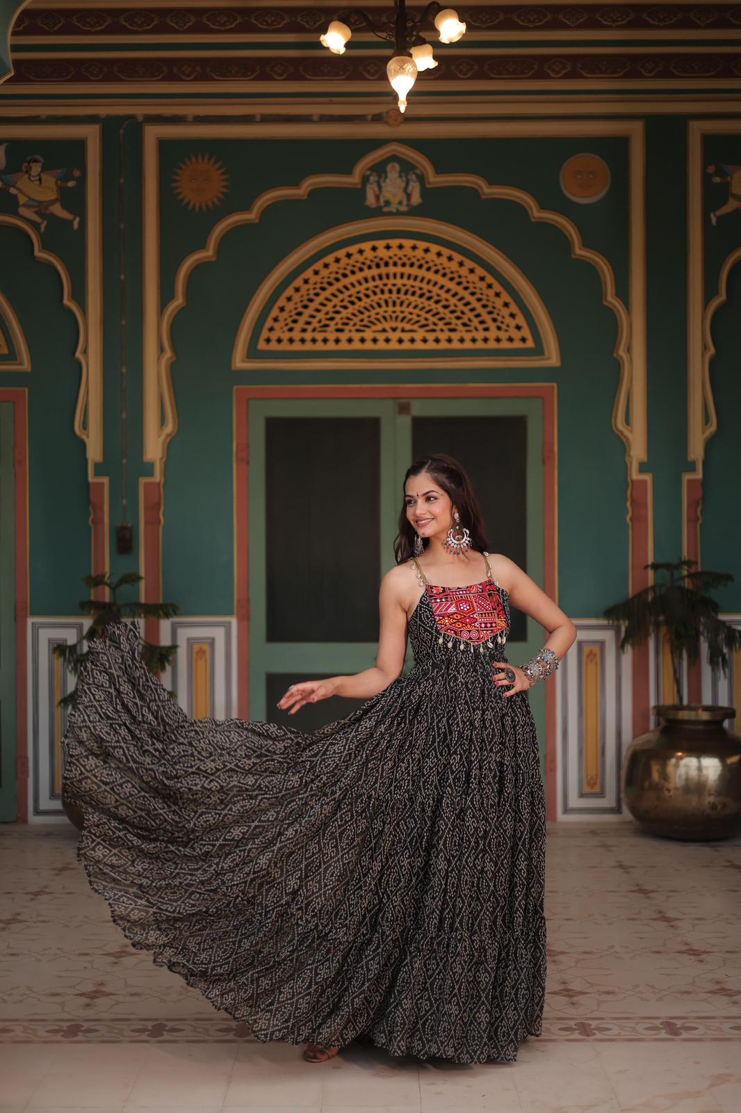 Georgette Bandhni Printed Kutchi Work Gown - Shopaholics Choice