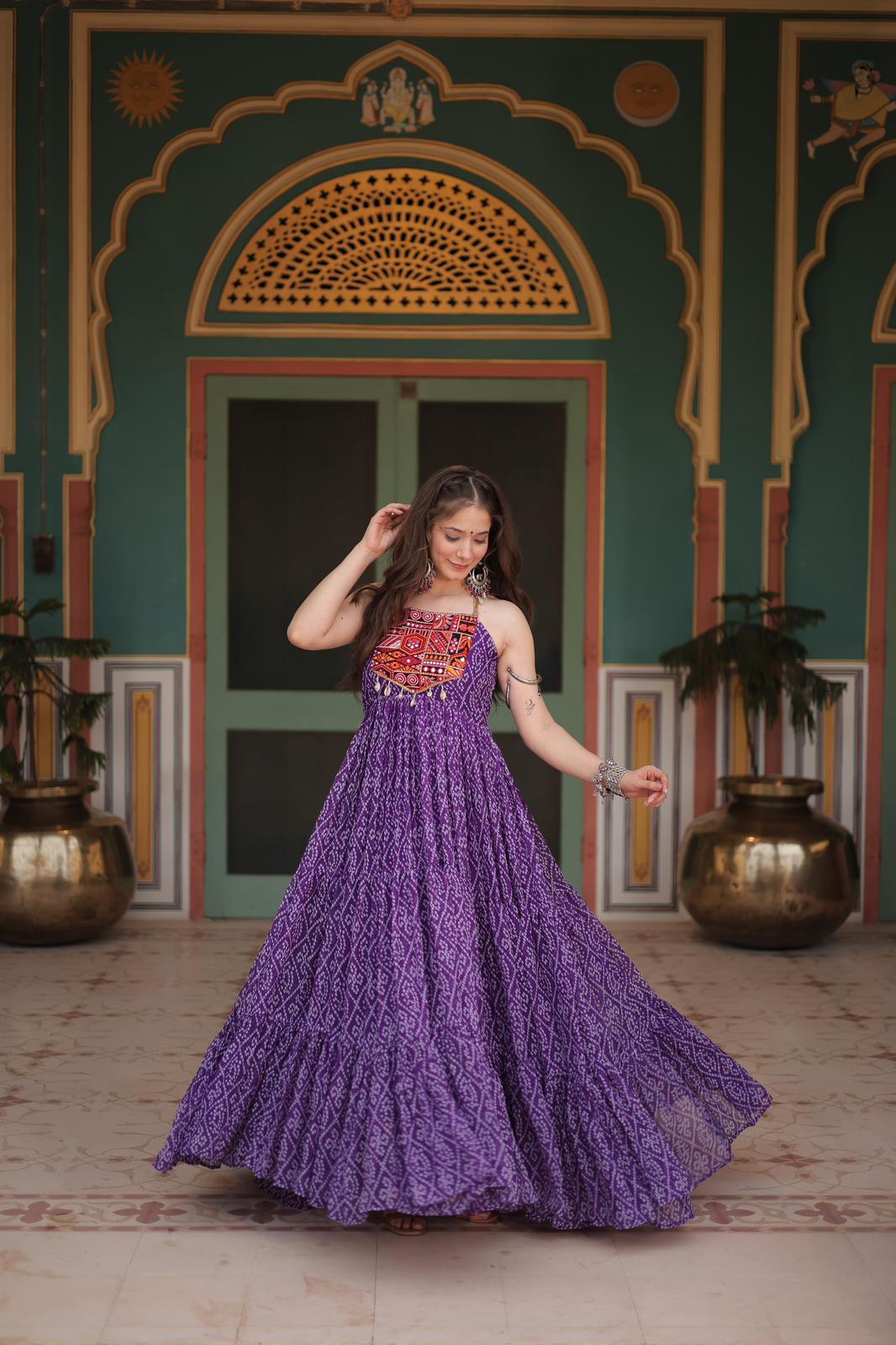 Georgette Bandhni Printed Kutchi Work Gown - Shopaholics Choice
