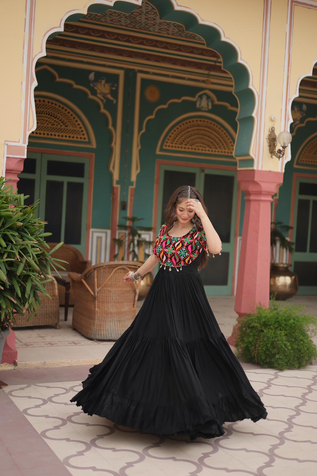 Black Rayon Gamthi Kodi Work Gown - Shopaholics Choice