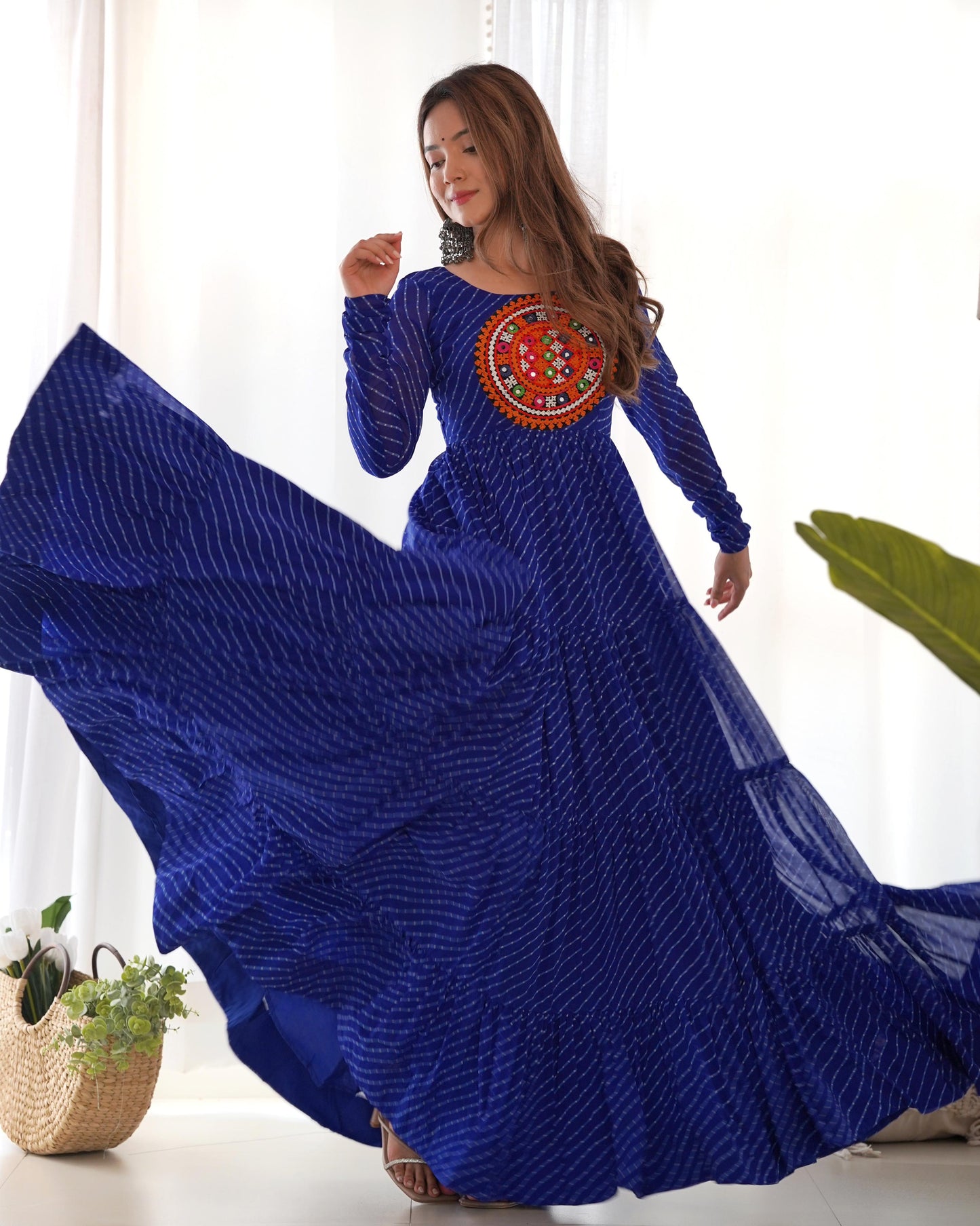 Georgette Lehriya Printed Yoke Work Gown - Shopaholics Choice