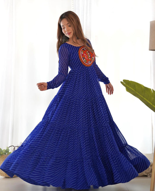 Georgette Lehriya Printed Yoke Work Gown - Shopaholics Choice