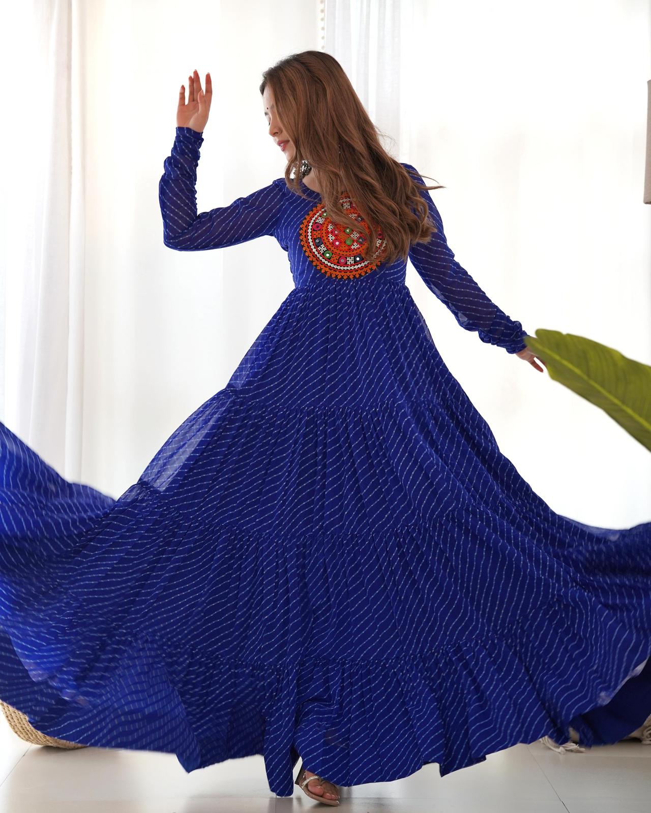 Georgette Lehriya Printed Yoke Work Gown - Shopaholics Choice